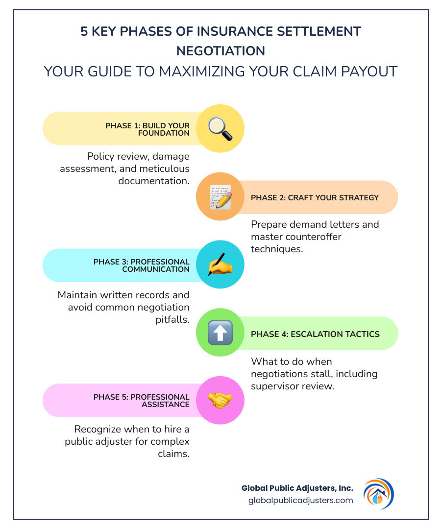 Infographic showing the 5 key phases of insurance settlement negotiation: Phase 1 Building Your Foundation with policy review and damage documentation, Phase 2 Crafting Your Strategy with demand letters and counteroffers, Phase 3 Professional Communication maintaining written records and avoiding common mistakes, Phase 4 Escalation Tactics when negotiations stall including supervisor review, and Phase 5 Professional Assistance recognizing when to hire a public adjuster for complex claims - how to negotiate an insurance settlement infographic infographic-line-5-steps-colors Infographic showing the 5 key phases of insurance settlement negotiation: Phase 1 Building Your Foundation with policy review and damage documentation, Phase 2 Crafting Your Strategy with demand letters and counteroffers, Phase 3 Professional Communication maintaining written records and avoiding common mistakes, Phase 4 Escalation Tactics when negotiations stall including supervisor review, and Phase 5 Professional Assistance recognizing when to hire a public adjuster for complex claims - how to negotiate an insurance settlement infographic infographic-line-5-steps-colors