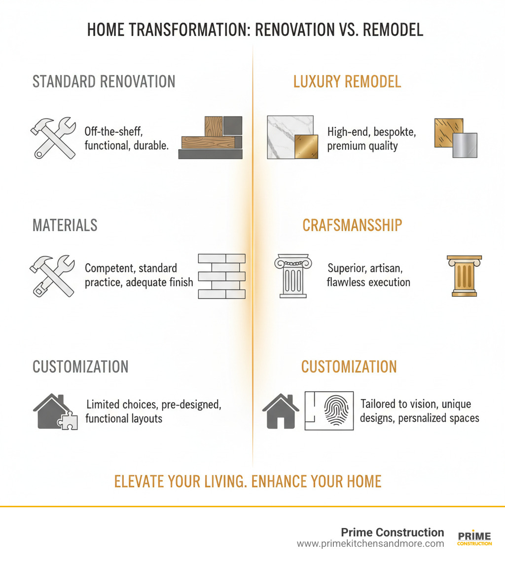 Infographic explaining the key differences between a standard renovation and a luxury remodel, highlighting materials, craftsmanship, and customization. - luxury home remodeling near me infographic Infographic explaining the key differences between a standard renovation and a luxury remodel, highlighting materials, craftsmanship, and customization. - luxury home remodeling near me infographic