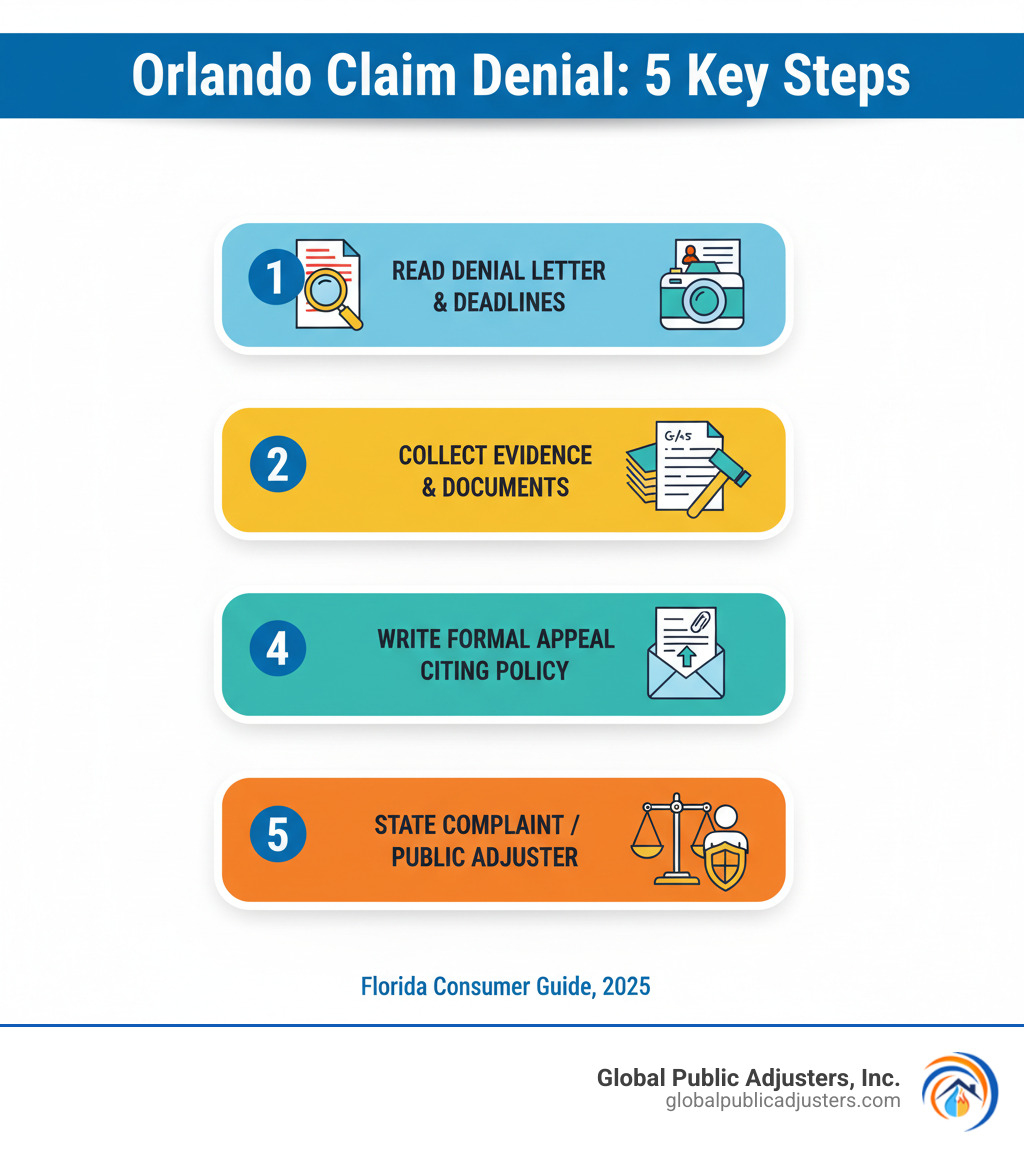 infographic showing 5 steps after claim denial: 1) Read denial letter and note deadlines, 2) Collect all damage evidence and documentation, 3) Write formal appeal letter citing policy language, 4) Submit appeal with supporting documents, 5) File state complaint or hire public adjuster if needed - Denied insurance claim Orlando infographic infographic showing 5 steps after claim denial: 1) Read denial letter and note deadlines, 2) Collect all damage evidence and documentation, 3) Write formal appeal letter citing policy language, 4) Submit appeal with supporting documents, 5) File state complaint or hire public adjuster if needed - Denied insurance claim Orlando infographic