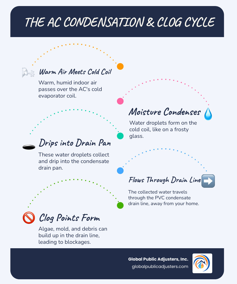 Infographic showing the condensation process in an AC unit: warm air passes over cold evaporator coil, water droplets form, moisture drips into drain pan, flows through condensate drain line to outside, and common clog points where algae, mold, and debris accumulate in the drain line - Clogged AC drain line infographic infographic-line-5-steps-blues-accent_colors Infographic showing the condensation process in an AC unit: warm air passes over cold evaporator coil, water droplets form, moisture drips into drain pan, flows through condensate drain line to outside, and common clog points where algae, mold, and debris accumulate in the drain line - Clogged AC drain line infographic infographic-line-5-steps-blues-accent_colors
