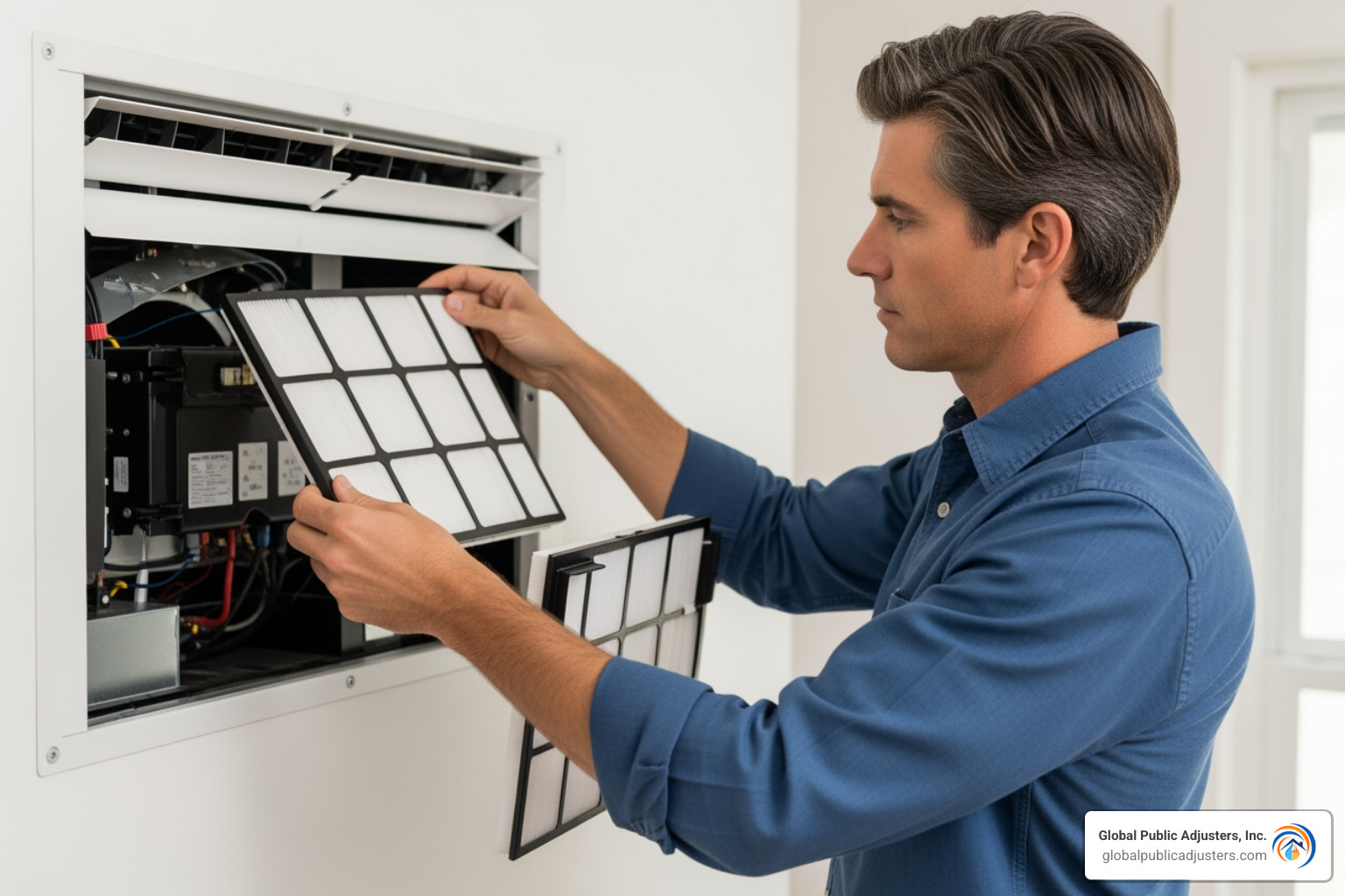 A homeowner is depicted changing their AC air filter, emphasizing the importance of regular filter maintenance. - Clogged AC drain line A homeowner is depicted changing their AC air filter, emphasizing the importance of regular filter maintenance. - Clogged AC drain line