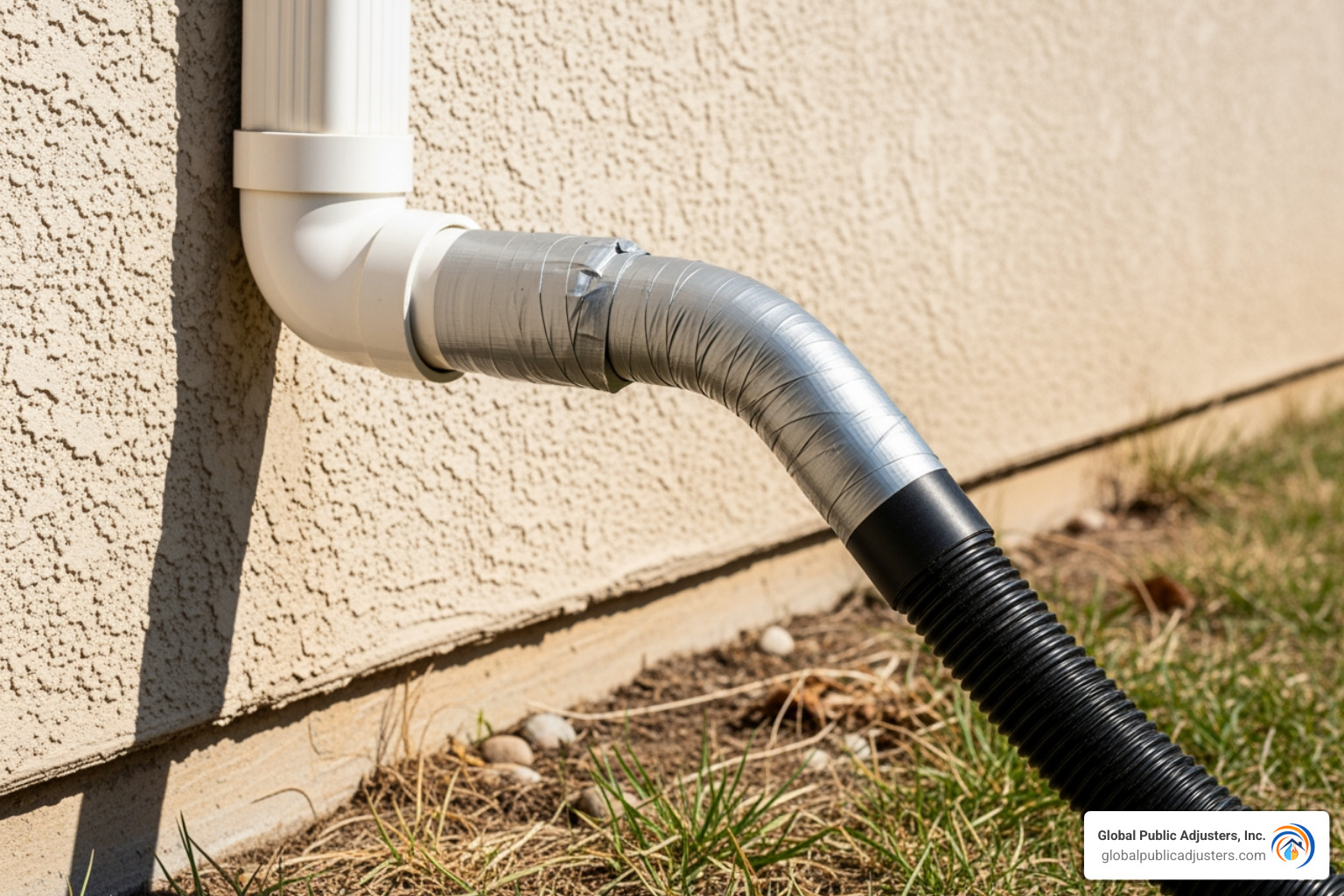 A wet/dry vacuum hose attached to an outdoor AC drain pipe with duct tape for a tight seal. - Clogged AC drain line A wet/dry vacuum hose attached to an outdoor AC drain pipe with duct tape for a tight seal. - Clogged AC drain line