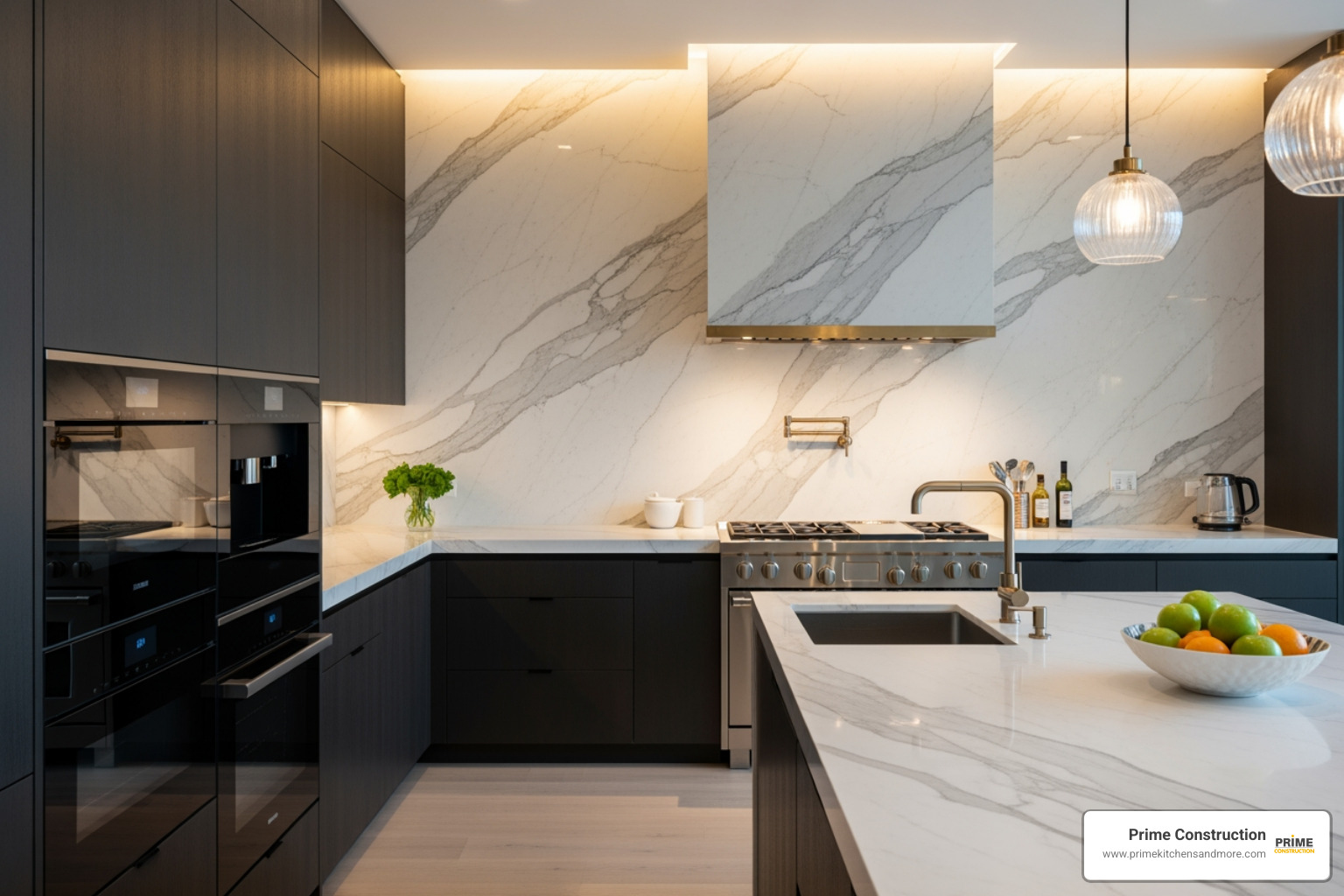 A luxurious kitchen with a marble slab backsplash extending to the ceiling behind the range hood - kitchen backsplash designs 2026 A luxurious kitchen with a marble slab backsplash extending to the ceiling behind the range hood - kitchen backsplash designs 2026