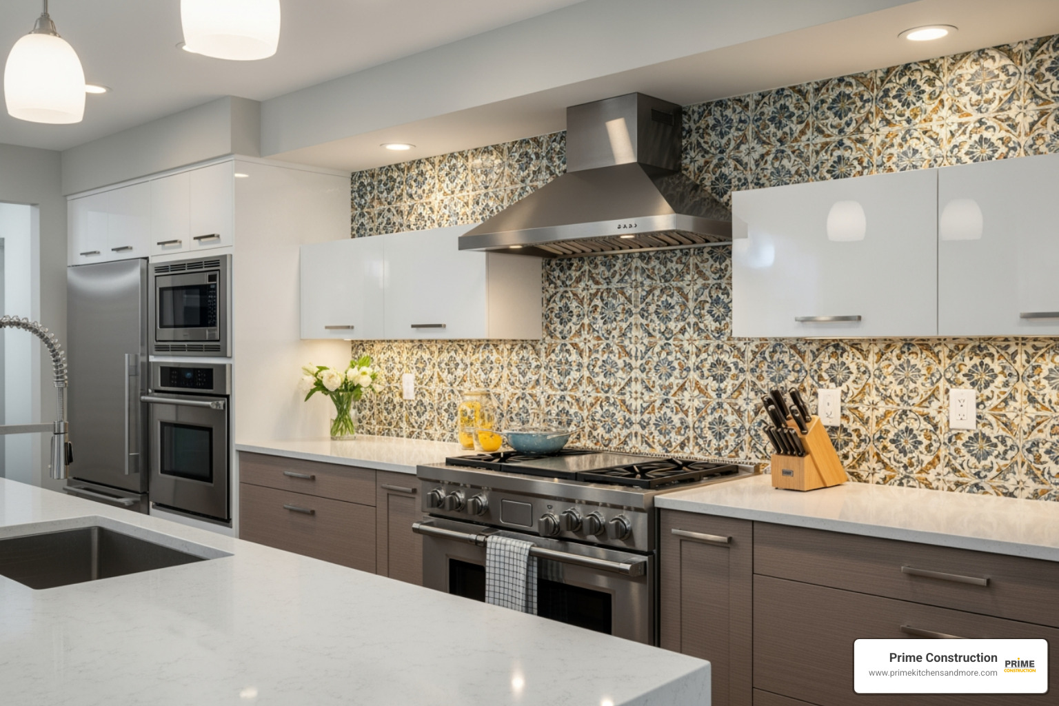 A kitchen with a beautiful floral or fabric-like patterned tile backsplash - kitchen backsplash designs 2026 A kitchen with a beautiful floral or fabric-like patterned tile backsplash - kitchen backsplash designs 2026