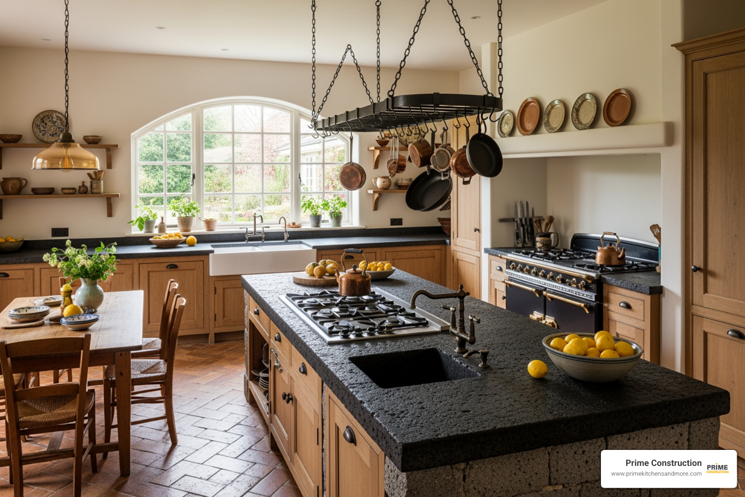 A warm kitchen featuring terracotta floor tiles and a lava stone island - kitchen backsplash designs 2026 A warm kitchen featuring terracotta floor tiles and a lava stone island - kitchen backsplash designs 2026