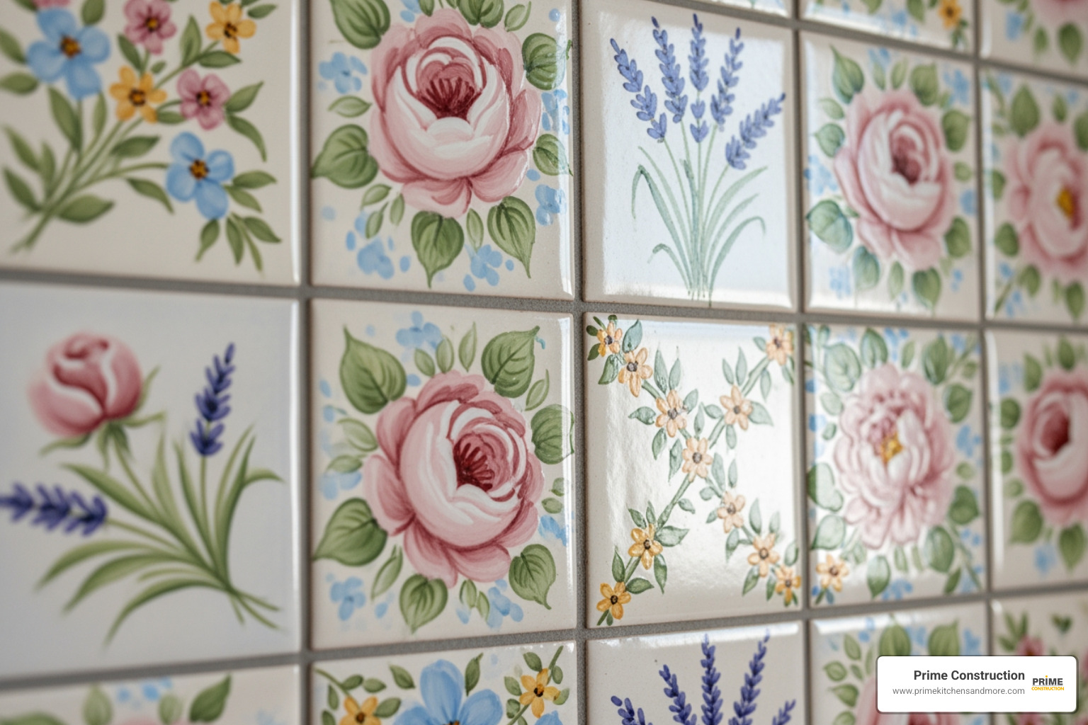 A close-up on delicate hand-painted floral tiles in a kitchen - kitchen backsplash designs 2026 A close-up on delicate hand-painted floral tiles in a kitchen - kitchen backsplash designs 2026