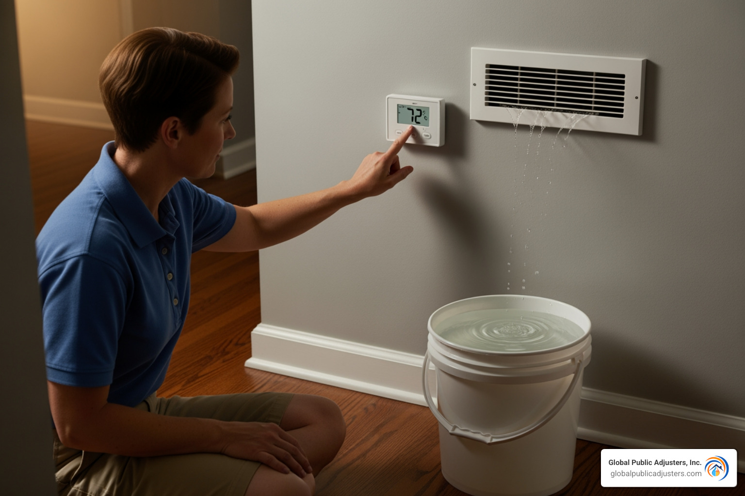 homeowner turning off thermostat and placing bucket under drip - ac leak damage homeowner turning off thermostat and placing bucket under drip - ac leak damage