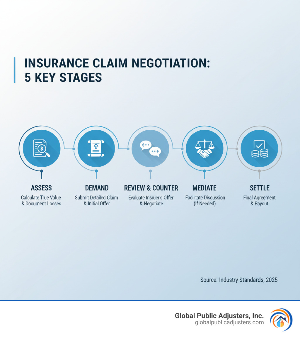 Infographic explaining the 5 key stages of insurance settlement negotiation - insurance settlement negotiation infographic Infographic explaining the 5 key stages of insurance settlement negotiation - insurance settlement negotiation infographic