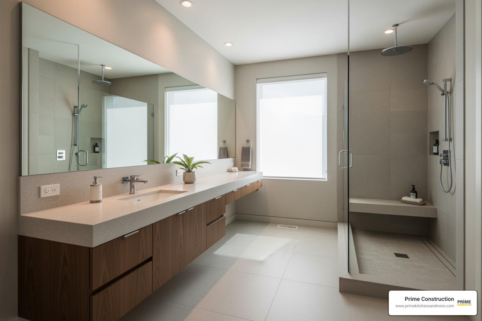 A bathroom with a sleek floating vanity and an open-concept, curbless shower - master bathroom inspiration A bathroom with a sleek floating vanity and an open-concept, curbless shower - master bathroom inspiration