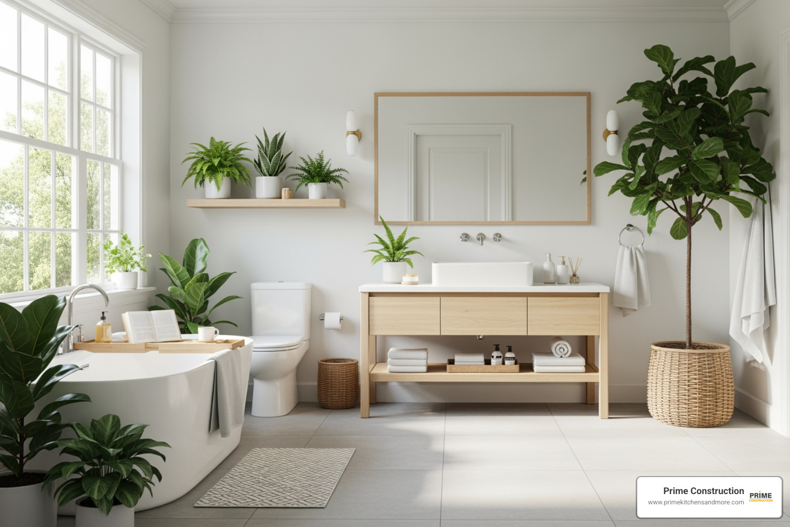 A serene bathroom with large plants, natural light, and wood accents - master bathroom inspiration A serene bathroom with large plants, natural light, and wood accents - master bathroom inspiration