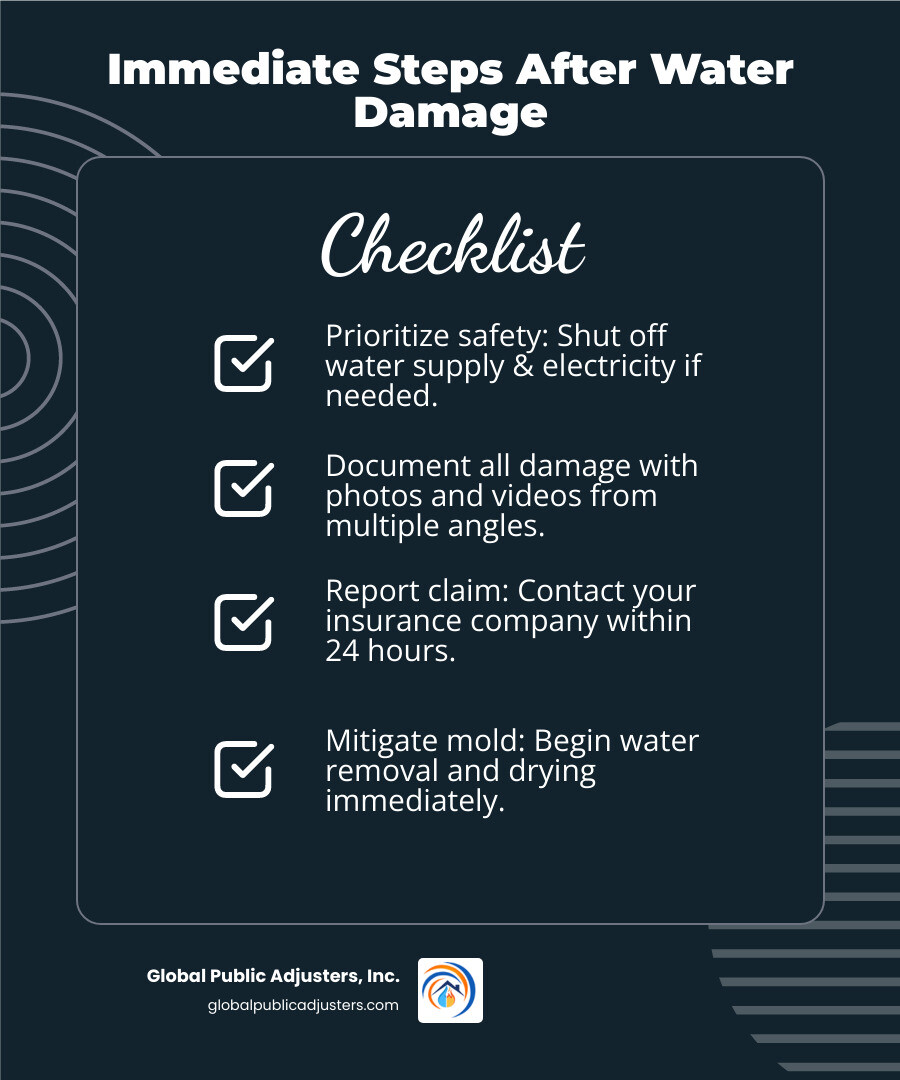 infographic showing 5 immediate steps after discovering bathroom water damage: 1. Ensure safety by shutting off water and electricity if needed, 2. Stop the water source by closing supply valves, 3. Document all damage with photos and videos from multiple angles, 4. Contact your insurance company within 24 hours to report the claim, 5. Begin water removal and mitigation to prevent mold growth - bathroom damage claims infographic checklist-dark-blue infographic showing 5 immediate steps after discovering bathroom water damage: 1. Ensure safety by shutting off water and electricity if needed, 2. Stop the water source by closing supply valves, 3. Document all damage with photos and videos from multiple angles, 4. Contact your insurance company within 24 hours to report the claim, 5. Begin water removal and mitigation to prevent mold growth - bathroom damage claims infographic checklist-dark-blue
