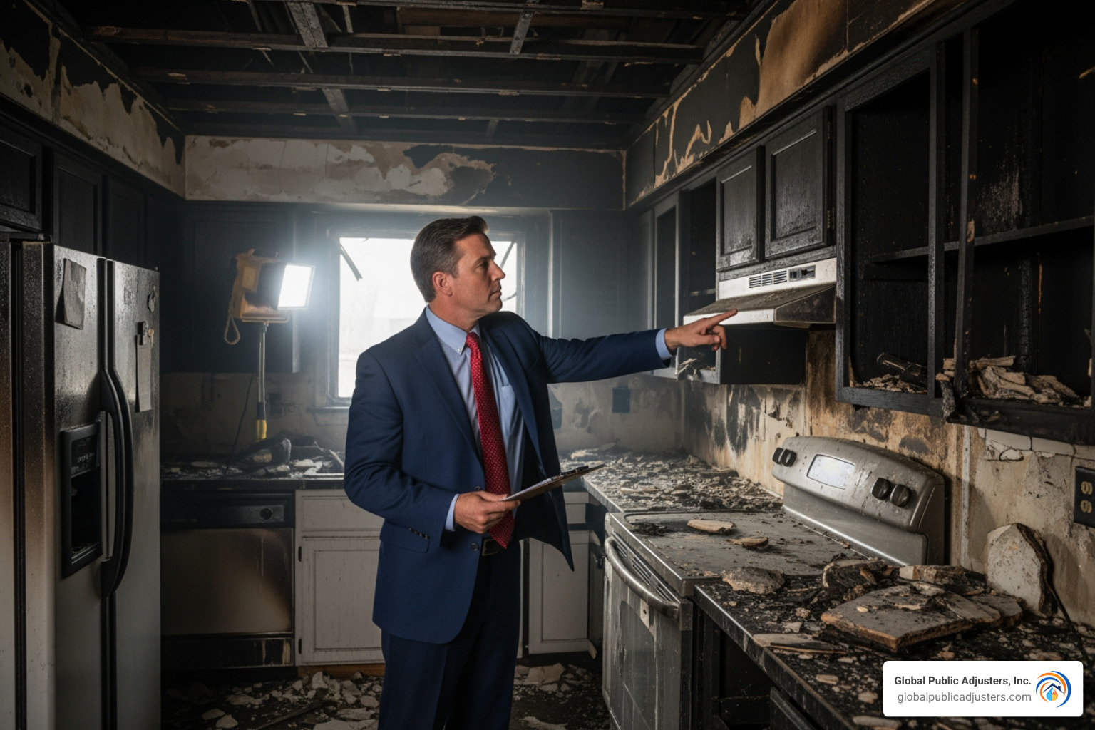 public adjuster inspecting a fire-damaged kitchen - Public adjuster for fire damage public adjuster inspecting a fire-damaged kitchen - Public adjuster for fire damage