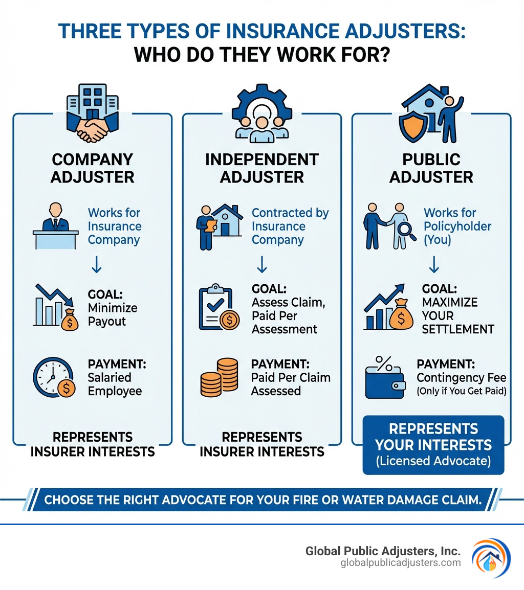 infographic showing three types of insurance adjusters: Company Adjuster (works for insurance company, goal is to minimize payout, salaried employee), Independent Adjuster (contracted by insurance company, paid per claim assessed, still represents insurer interests), and Public Adjuster (works for policyholder, licensed advocate, paid contingency fee only when you get paid, goal is to maximize your settlement) - Public adjuster for fire damage infographic infographic showing three types of insurance adjusters: Company Adjuster (works for insurance company, goal is to minimize payout, salaried employee), Independent Adjuster (contracted by insurance company, paid per claim assessed, still represents insurer interests), and Public Adjuster (works for policyholder, licensed advocate, paid contingency fee only when you get paid, goal is to maximize your settlement) - Public adjuster for fire damage infographic