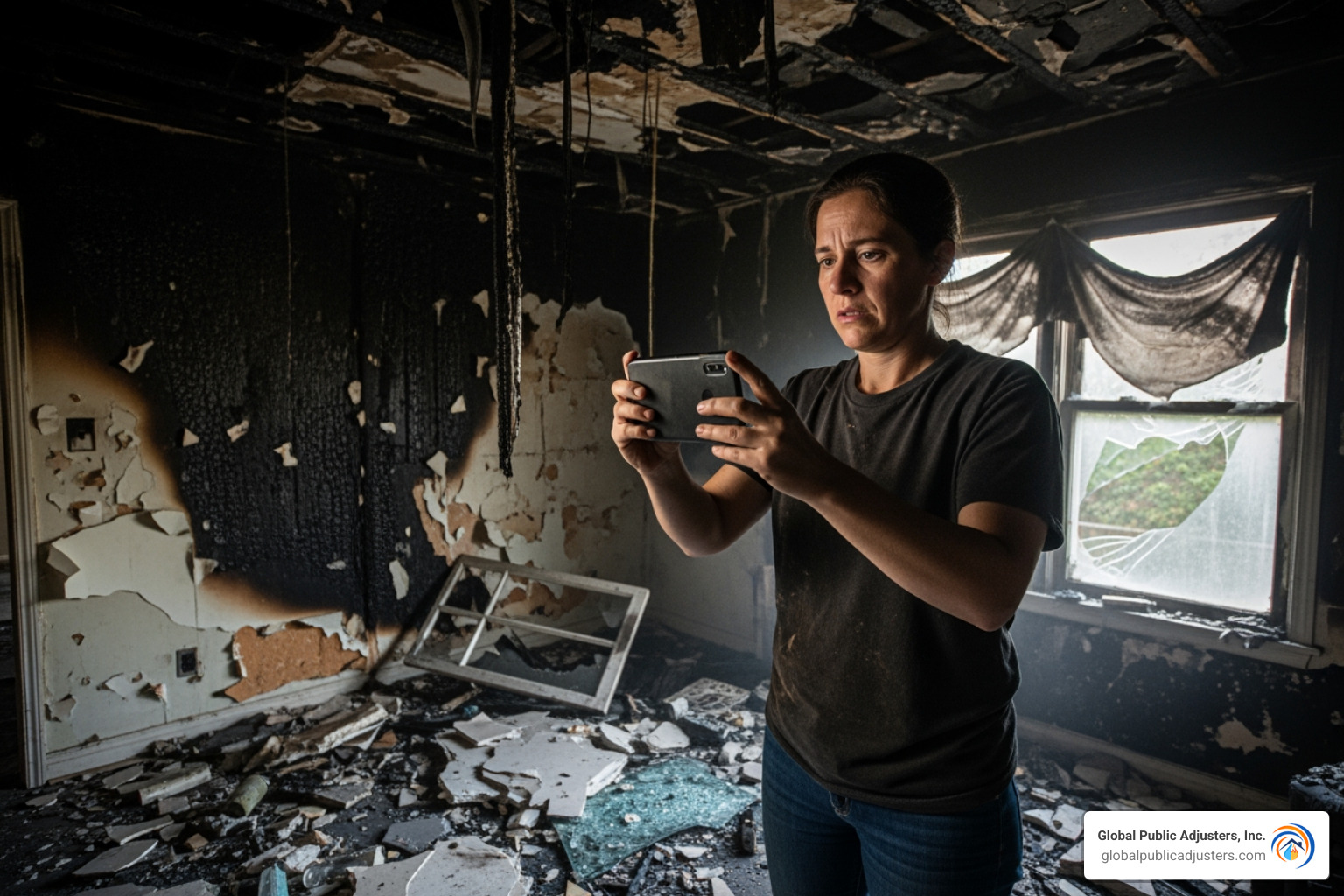 a homeowner taking photos of fire damage with a smartphone - fire damage claim assistance a homeowner taking photos of fire damage with a smartphone - fire damage claim assistance