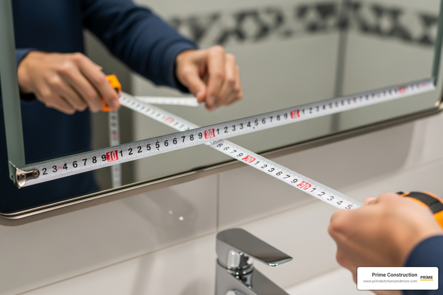 A person measuring a bathroom vanity mirror to determine the correct light fixture size - bathroom light fixtures brushed nickel A person measuring a bathroom vanity mirror to determine the correct light fixture size - bathroom light fixtures brushed nickel