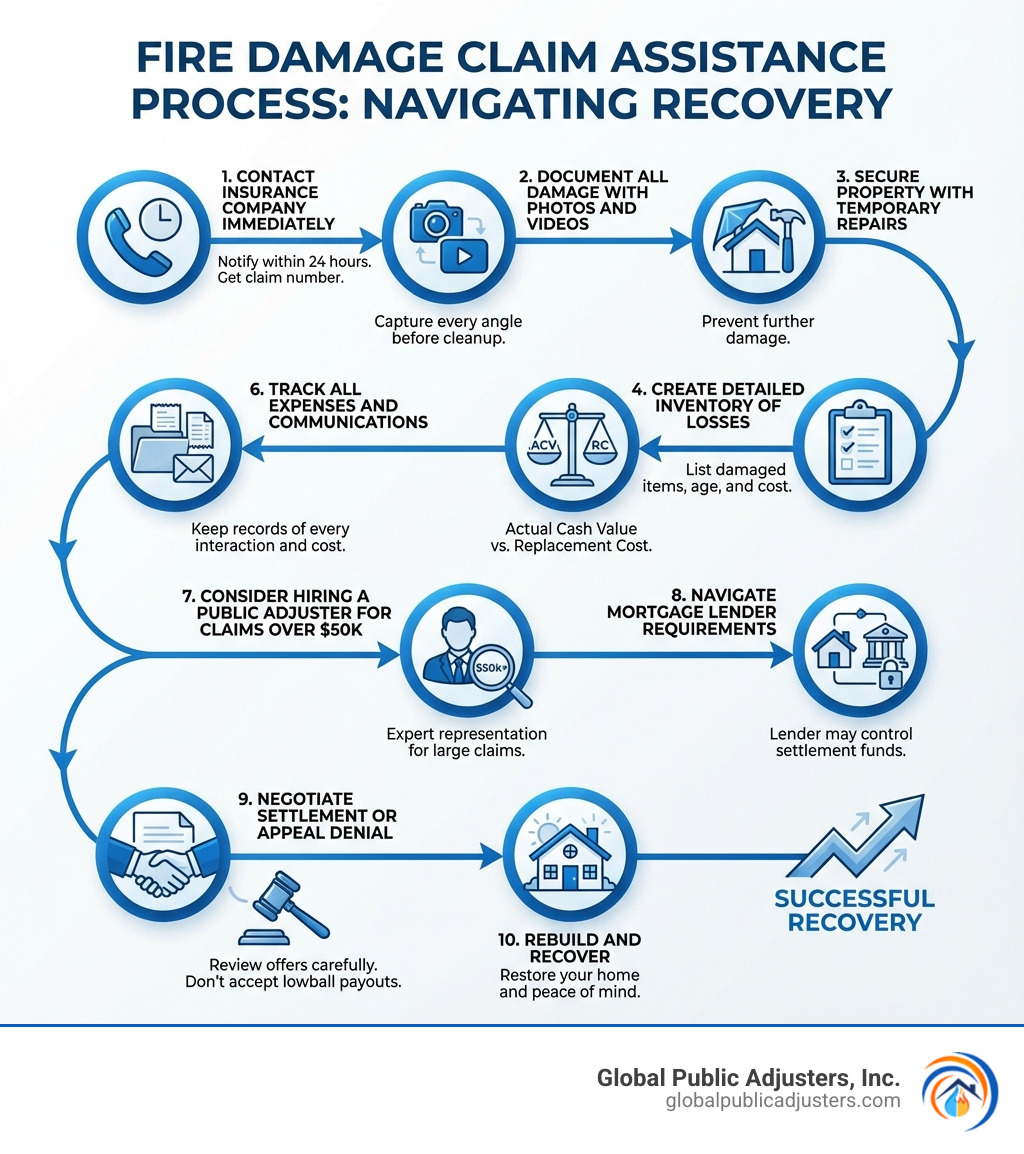 infographic showing the fire damage claim assistance process: 1. Contact insurance company immediately, 2. Document all damage with photos and videos, 3. Secure property with temporary repairs, 4. Create detailed inventory of losses, 5. Understand your coverage (ACV vs RC), 6. Track all expenses and communications, 7. Consider hiring a public adjuster for claims over $50k, 8. Navigate mortgage lender requirements, 9. Negotiate settlement or appeal denial, 10. Rebuild and recover - fire damage claim assistance infographic infographic showing the fire damage claim assistance process: 1. Contact insurance company immediately, 2. Document all damage with photos and videos, 3. Secure property with temporary repairs, 4. Create detailed inventory of losses, 5. Understand your coverage (ACV vs RC), 6. Track all expenses and communications, 7. Consider hiring a public adjuster for claims over $50k, 8. Navigate mortgage lender requirements, 9. Negotiate settlement or appeal denial, 10. Rebuild and recover - fire damage claim assistance infographic