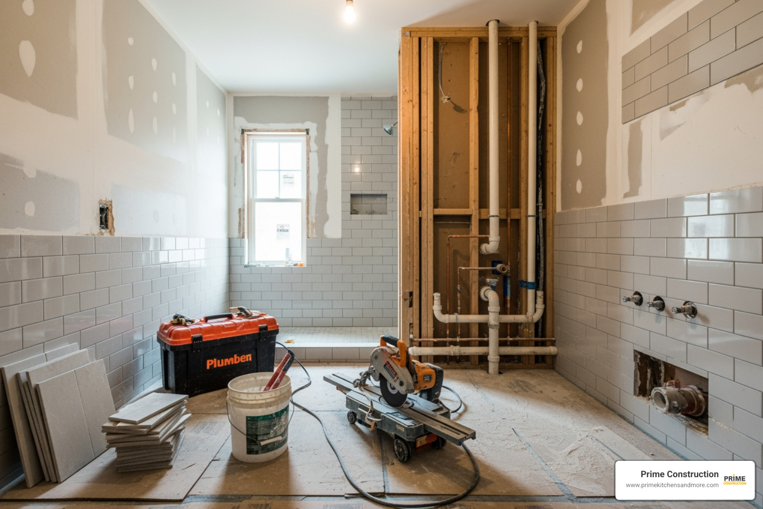 A bathroom mid-renovation showing exposed plumbing and new tile work in progress - bathroom redo company A bathroom mid-renovation showing exposed plumbing and new tile work in progress - bathroom redo company