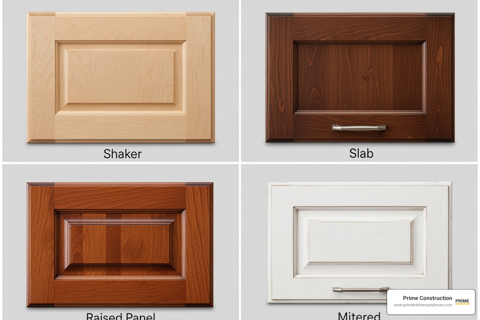 collage showcasing Shaker, Slab, Raised Panel, and Mitered cabinet door styles - custom cabinet fronts collage showcasing Shaker, Slab, Raised Panel, and Mitered cabinet door styles - custom cabinet fronts