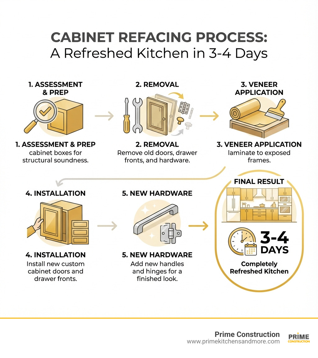 Infographic showing the cabinet refacing process: 1) Assessment of existing cabinet boxes for structural soundness, 2) Removal of old doors, drawer fronts and hardware, 3) Application of veneer or laminate to exposed cabinet frame surfaces, 4) Installation of new custom cabinet doors and drawer fronts, 5) Addition of new hardware (handles and hinges), resulting in a completely refreshed kitchen in 3-4 days - custom cabinet fronts infographic Infographic showing the cabinet refacing process: 1) Assessment of existing cabinet boxes for structural soundness, 2) Removal of old doors, drawer fronts and hardware, 3) Application of veneer or laminate to exposed cabinet frame surfaces, 4) Installation of new custom cabinet doors and drawer fronts, 5) Addition of new hardware (handles and hinges), resulting in a completely refreshed kitchen in 3-4 days - custom cabinet fronts infographic