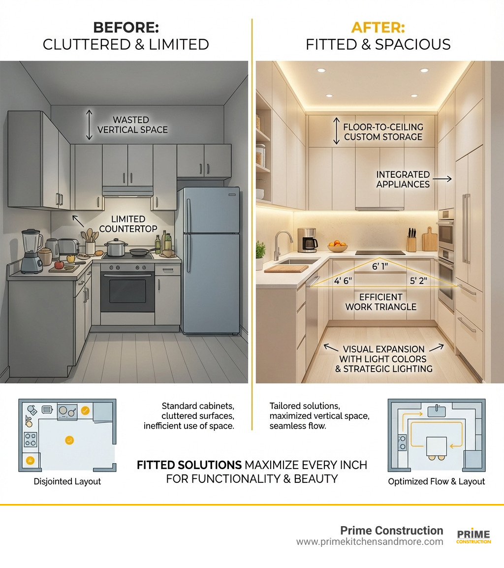 Infographic showing the transformation of a small kitchen space with fitted solutions: before showing cluttered standard cabinets and limited counter space, after showing floor-to-ceiling custom storage, integrated appliances, efficient work triangle layout with measurements, and visual expansion through light colors and strategic lighting - fitted small kitchens infographic Infographic showing the transformation of a small kitchen space with fitted solutions: before showing cluttered standard cabinets and limited counter space, after showing floor-to-ceiling custom storage, integrated appliances, efficient work triangle layout with measurements, and visual expansion through light colors and strategic lighting - fitted small kitchens infographic