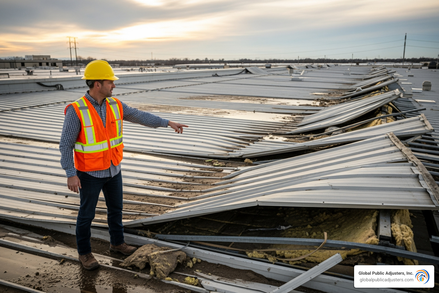 adjuster inspecting commercial property damage (e.g., a warehouse roof) - Commercial public adjuster adjuster inspecting commercial property damage (e.g., a warehouse roof) - Commercial public adjuster