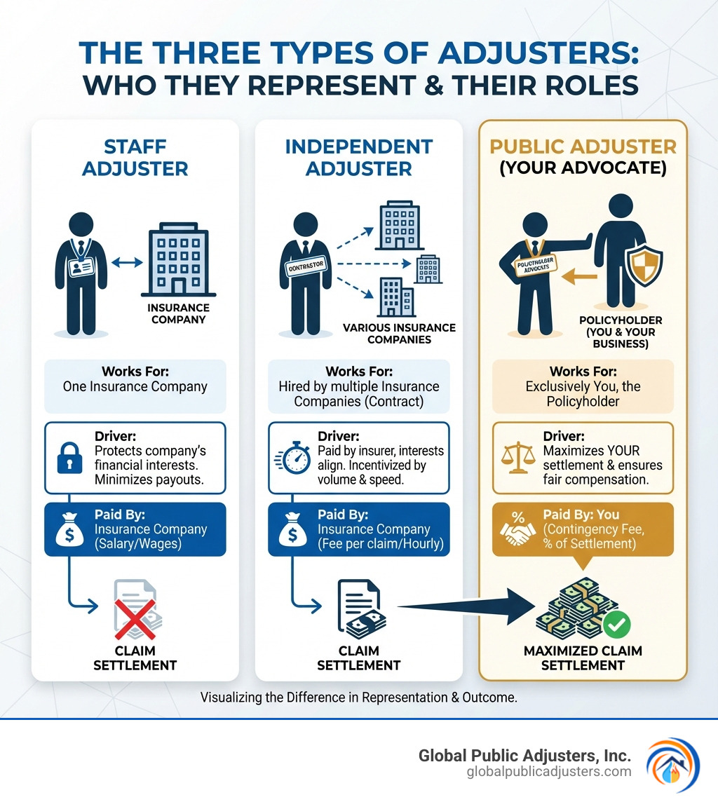 infographic explaining the three types of adjusters: staff, independent, and public - Commercial public adjuster infographic infographic explaining the three types of adjusters: staff, independent, and public - Commercial public adjuster infographic
