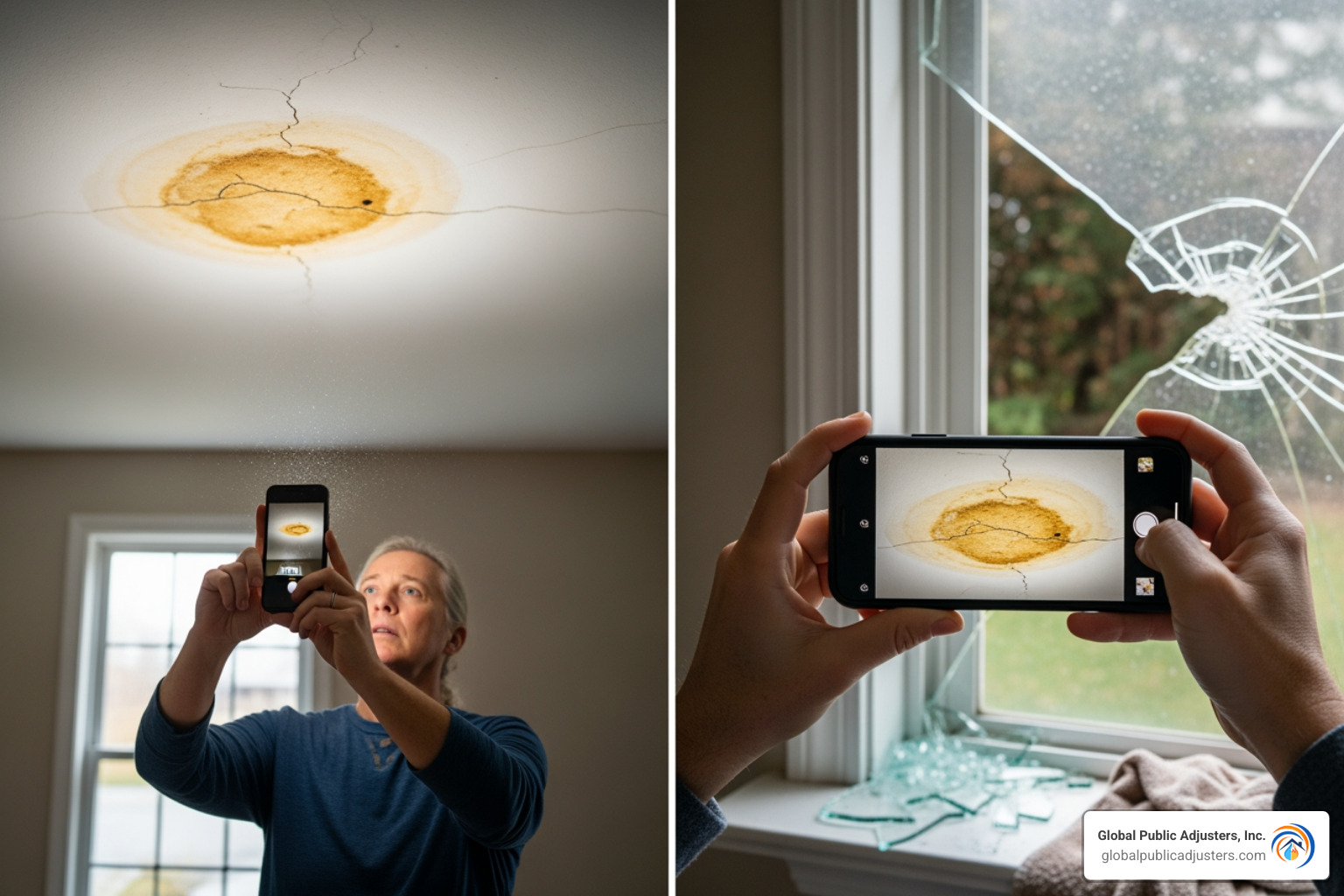 homeowner taking photos of property damage with a smartphone - dispute insurance claim homeowner taking photos of property damage with a smartphone - dispute insurance claim