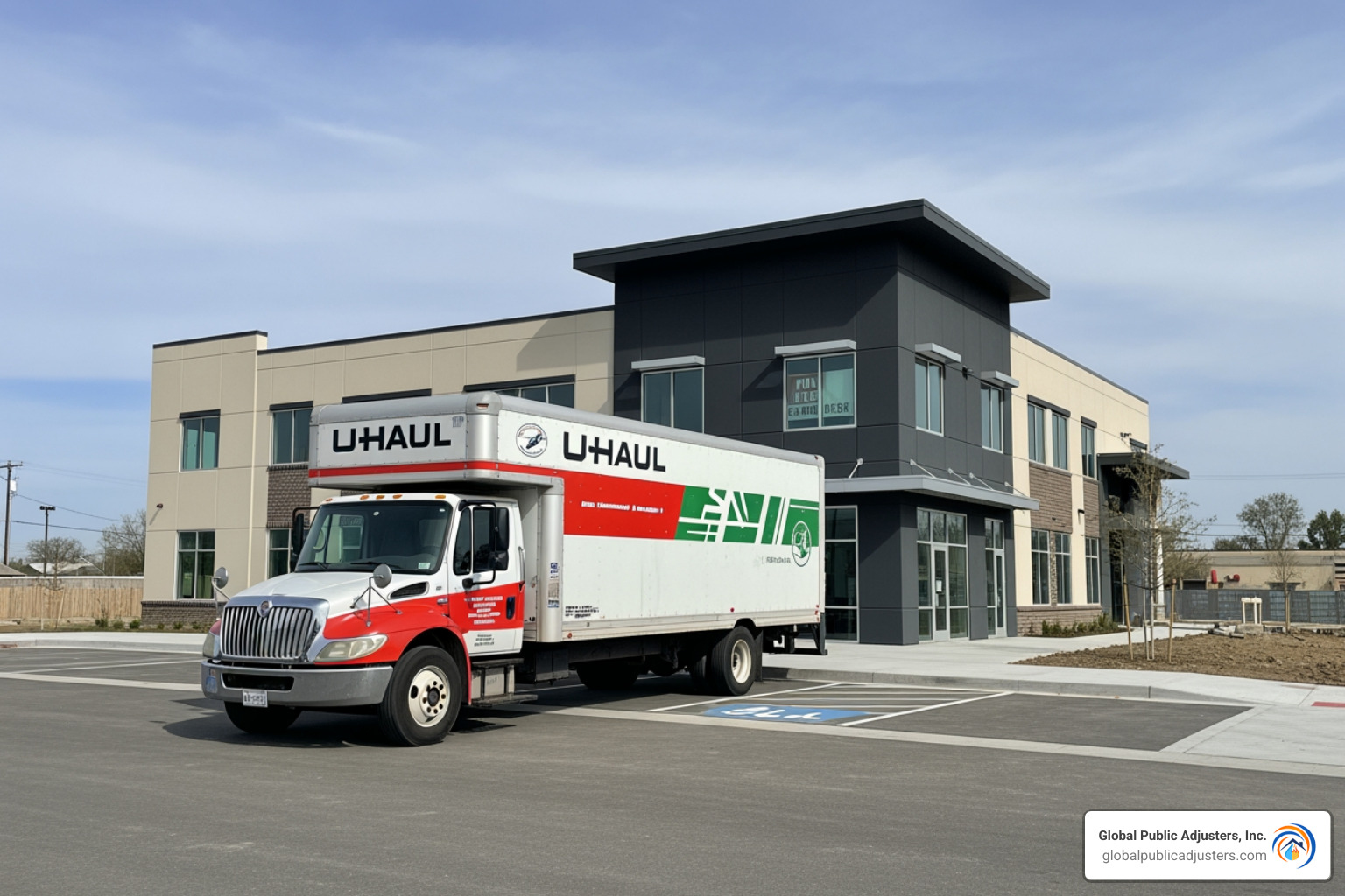 Moving truck in front of a new commercial property - Business insurance policy review Moving truck in front of a new commercial property - Business insurance policy review
