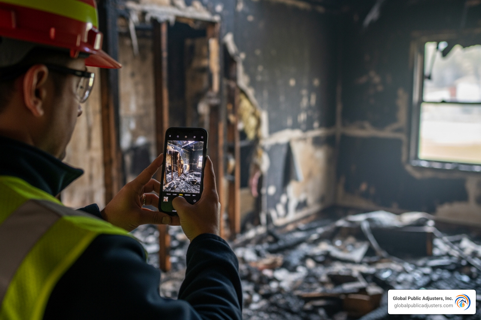 person taking photos of damaged property with a smartphone - fire damage claim person taking photos of damaged property with a smartphone - fire damage claim