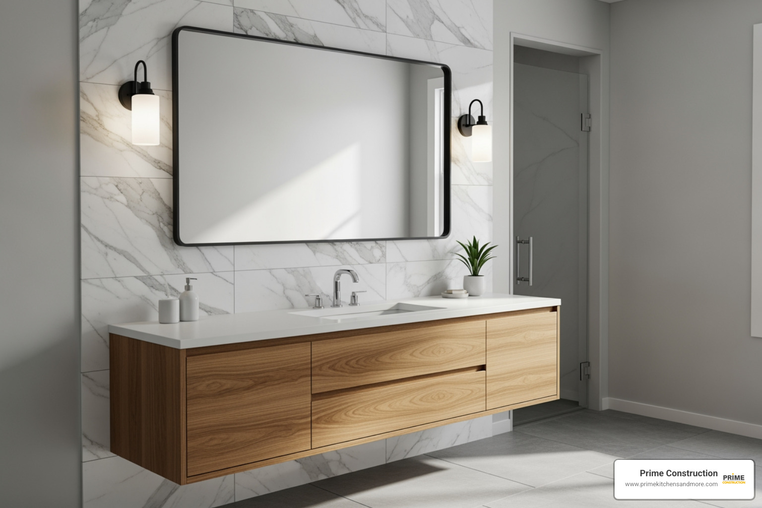 bathroom showcasing a marble accent wall behind a wooden vanity - modern master bathroom pictures bathroom showcasing a marble accent wall behind a wooden vanity - modern master bathroom pictures