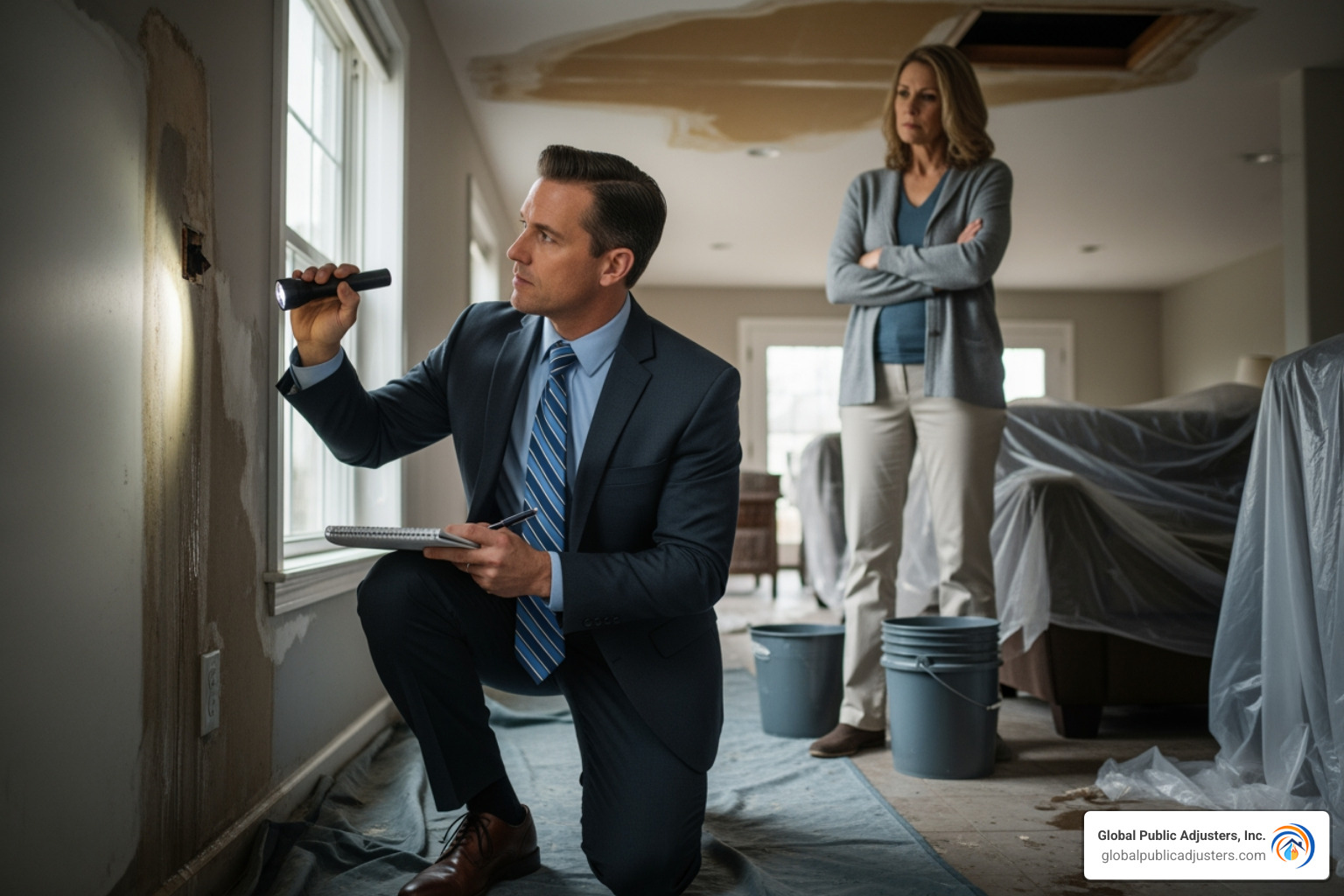 A public adjuster carefully inspecting property damage with a homeowner - insurance public adjuster near me A public adjuster carefully inspecting property damage with a homeowner - insurance public adjuster near me