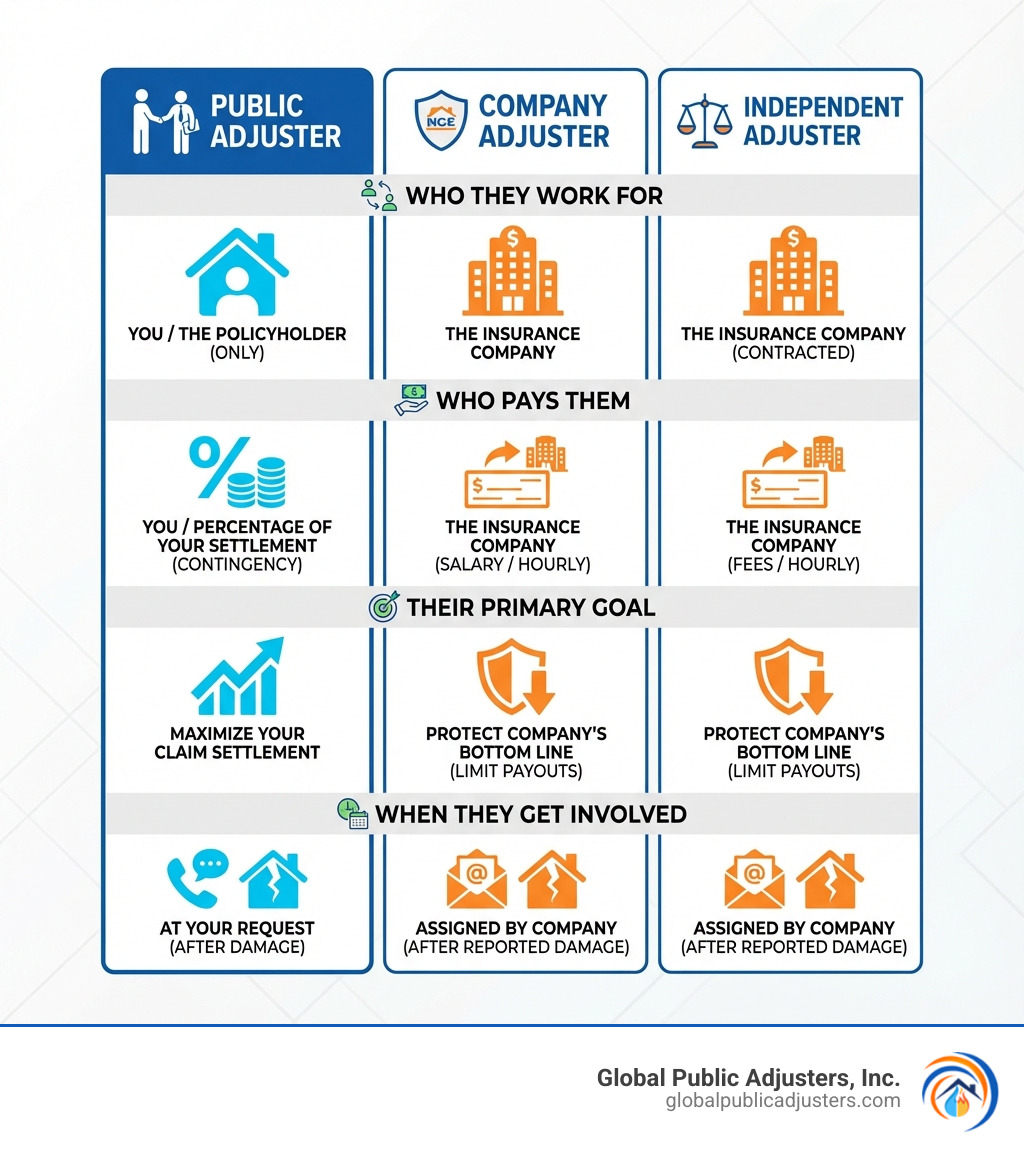 Infographic showing three columns comparing Public Adjuster, Company Adjuster, and Independent Adjuster with rows for Who They Work For, Who Pays Them, Their Primary Goal, and When They Get Involved - insurance public adjuster near me infographic Infographic showing three columns comparing Public Adjuster, Company Adjuster, and Independent Adjuster with rows for Who They Work For, Who Pays Them, Their Primary Goal, and When They Get Involved - insurance public adjuster near me infographic