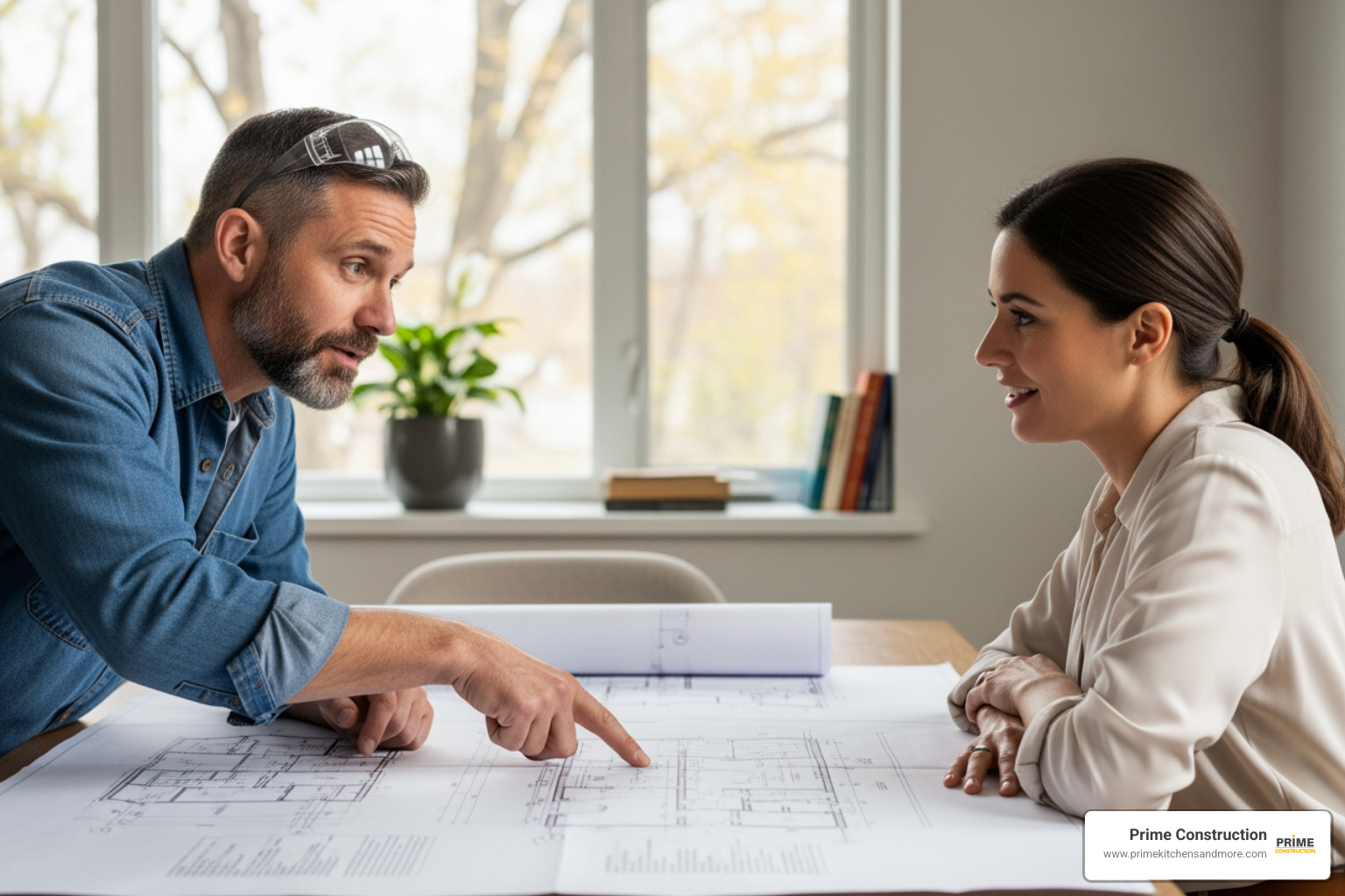 contractor consulting with a homeowner over blueprints - Kitchen remodeling contractor Orlando contractor consulting with a homeowner over blueprints - Kitchen remodeling contractor Orlando
