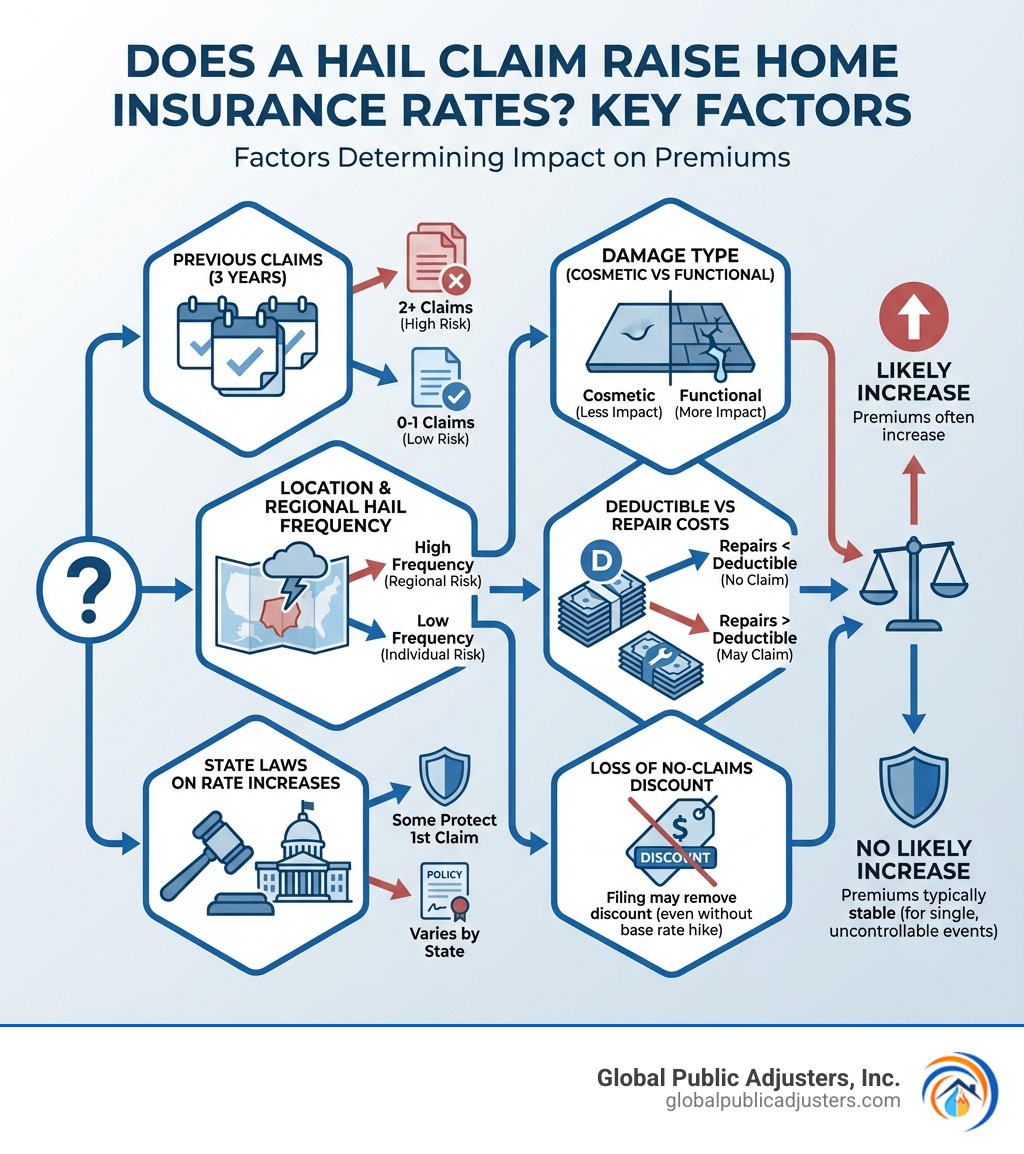 Infographic showing key factors that determine if a hail claim raises insurance rates: number of previous claims in 3 years, geographic location and regional hail frequency, state laws on rate increases, type of damage (cosmetic vs functional), deductible amount vs repair costs, and loss of no-claims discount - does hail damage claim raise home insurance rates infographic Infographic showing key factors that determine if a hail claim raises insurance rates: number of previous claims in 3 years, geographic location and regional hail frequency, state laws on rate increases, type of damage (cosmetic vs functional), deductible amount vs repair costs, and loss of no-claims discount - does hail damage claim raise home insurance rates infographic