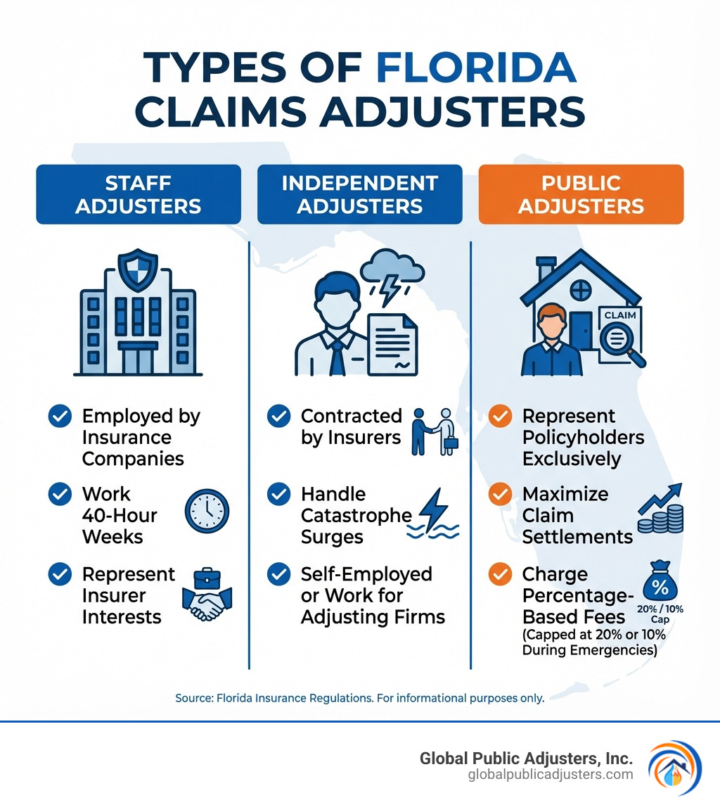Infographic showing three types of Florida claims adjusters: Staff Adjusters (employed by insurance companies, work 40-hour weeks, represent insurer interests), Independent Adjusters (contracted by insurers, handle catastrophe surges, self-employed or work for adjusting firms), and Public Adjusters (represent policyholders exclusively, maximize claim settlements, charge percentage-based fees capped at 20% or 10% during emergencies) - Claims adjuster Florida infographic Infographic showing three types of Florida claims adjusters: Staff Adjusters (employed by insurance companies, work 40-hour weeks, represent insurer interests), Independent Adjusters (contracted by insurers, handle catastrophe surges, self-employed or work for adjusting firms), and Public Adjusters (represent policyholders exclusively, maximize claim settlements, charge percentage-based fees capped at 20% or 10% during emergencies) - Claims adjuster Florida infographic