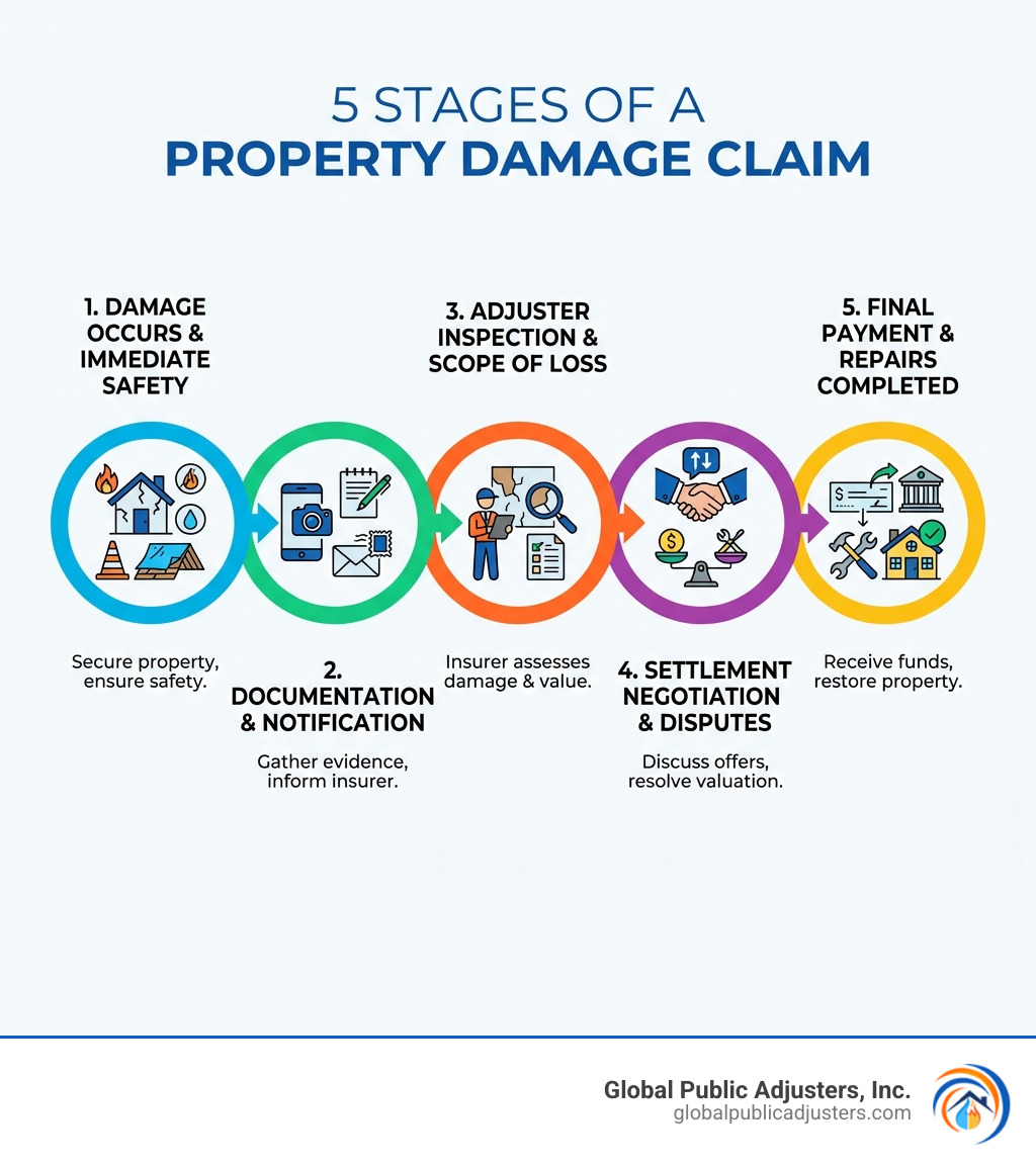 Infographic showing the 5 main stages of a property damage claim: 1) Damage occurs and immediate safety measures are taken, 2) Documentation and notification to insurance company, 3) Insurance adjuster inspection and scope of loss, 4) Settlement negotiation and valuation disputes, 5) Final payment and repairs completed - property damage claim infographic Infographic showing the 5 main stages of a property damage claim: 1) Damage occurs and immediate safety measures are taken, 2) Documentation and notification to insurance company, 3) Insurance adjuster inspection and scope of loss, 4) Settlement negotiation and valuation disputes, 5) Final payment and repairs completed - property damage claim infographic