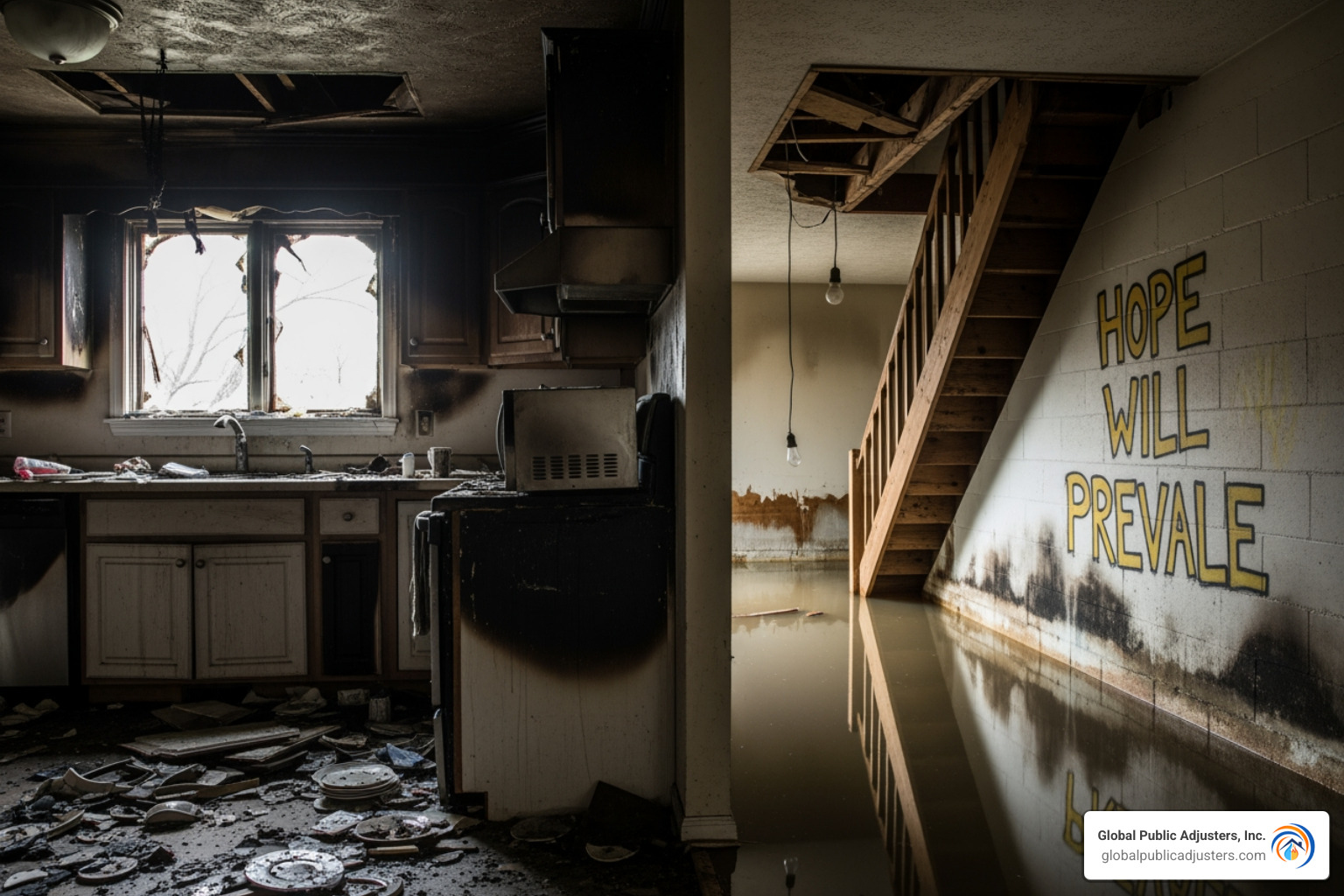 kitchen fire, flooded basement, wall with graffiti - property damage claim kitchen fire, flooded basement, wall with graffiti - property damage claim