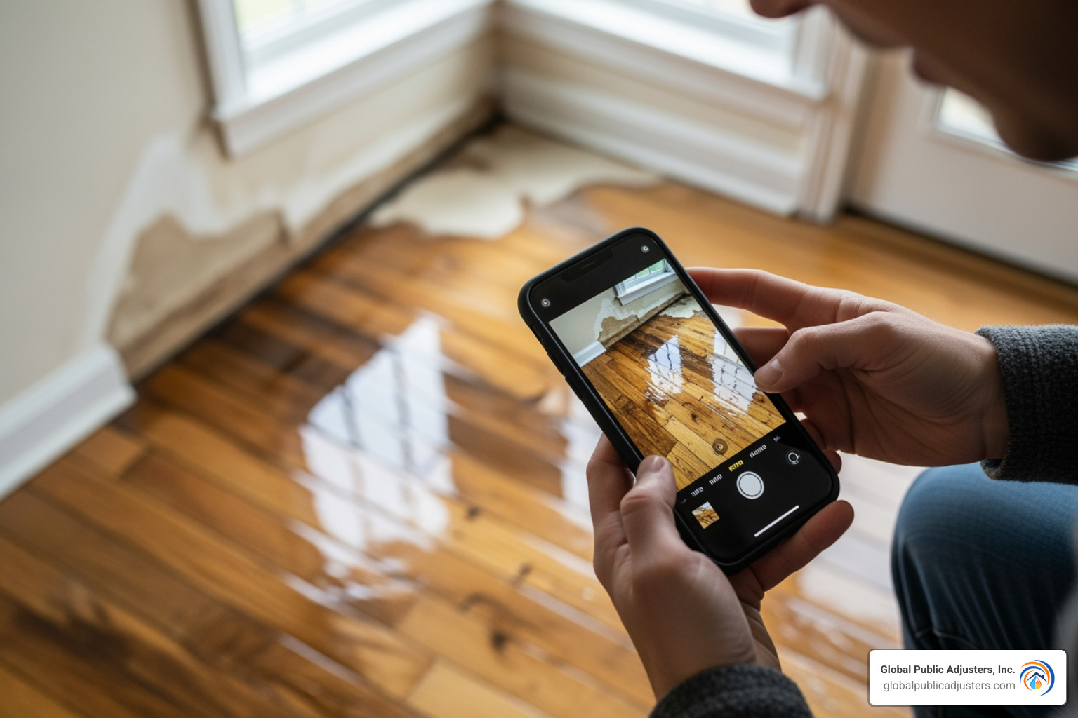 person photographing water damage with a smartphone - property damage claim person photographing water damage with a smartphone - property damage claim