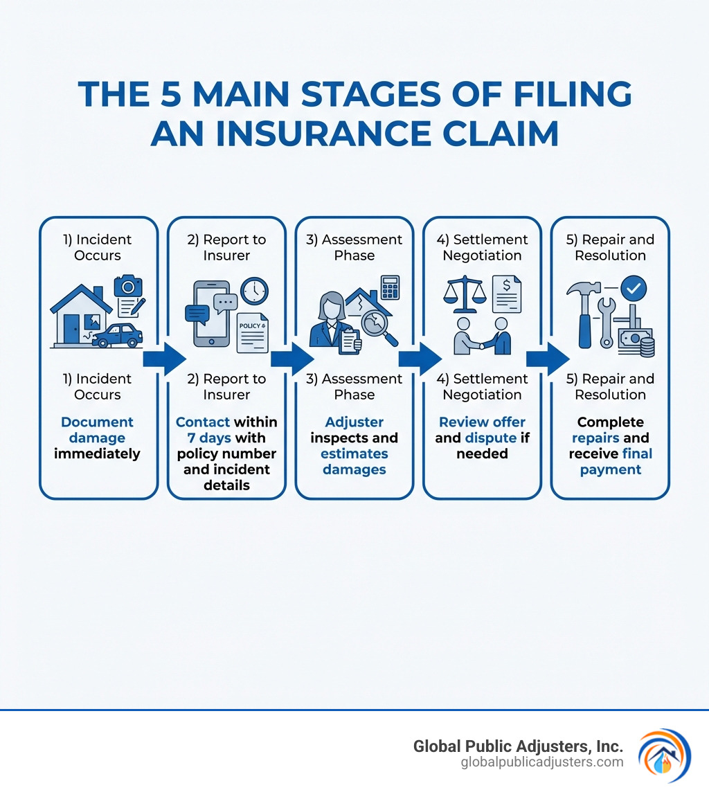 Infographic showing the 5 main stages of filing an insurance claim: 1) Incident Occurs (document damage immediately), 2) Report to Insurer (contact within 7 days with policy number and incident details), 3) Assessment Phase (adjuster inspects and estimates damages), 4) Settlement Negotiation (review offer and dispute if needed), 5) Repair and Resolution (complete repairs and receive final payment) - How to file insurance claim infographic Infographic showing the 5 main stages of filing an insurance claim: 1) Incident Occurs (document damage immediately), 2) Report to Insurer (contact within 7 days with policy number and incident details), 3) Assessment Phase (adjuster inspects and estimates damages), 4) Settlement Negotiation (review offer and dispute if needed), 5) Repair and Resolution (complete repairs and receive final payment) - How to file insurance claim infographic
