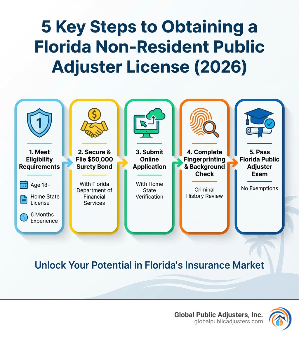 Infographic showing the 5 key steps to obtaining a Florida non-resident public adjuster license: 1. Meet eligibility requirements (age 18+, home state license, 6 months experience), 2. Secure and file $50,000 surety bond, 3. Submit online application with home state verification, 4. Complete fingerprinting and background check, 5. Pass Florida public adjuster exam - florida non-resident public adjuster license infographic Infographic showing the 5 key steps to obtaining a Florida non-resident public adjuster license: 1. Meet eligibility requirements (age 18+, home state license, 6 months experience), 2. Secure and file $50,000 surety bond, 3. Submit online application with home state verification, 4. Complete fingerprinting and background check, 5. Pass Florida public adjuster exam - florida non-resident public adjuster license infographic