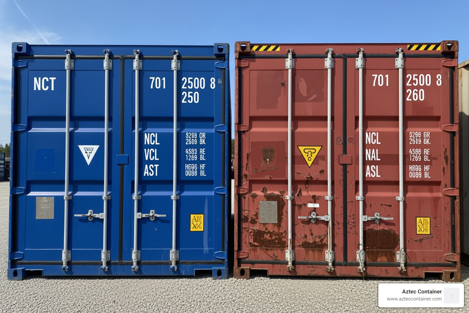 Image showing the cosmetic difference between a new one-trip container (clean, pristine) and a used WWT container (some dents, surface rust) - 20 ft box container Image showing the cosmetic difference between a new one-trip container (clean, pristine) and a used WWT container (some dents, surface rust) - 20 ft box container
