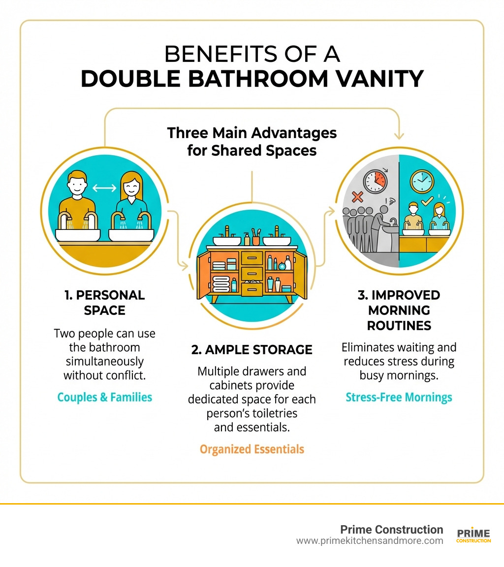 Infographic showing the three main benefits of a double bathroom vanity: 1) Personal Space - two people can use the bathroom simultaneously without conflict, 2) Ample Storage - multiple drawers and cabinets provide dedicated space for each person's toiletries and essentials, 3) Improved Morning Routines - eliminates waiting and reduces stress during busy mornings, with icons representing couples, families, and organized storage - double bathroom vanity infographic Infographic showing the three main benefits of a double bathroom vanity: 1) Personal Space - two people can use the bathroom simultaneously without conflict, 2) Ample Storage - multiple drawers and cabinets provide dedicated space for each person's toiletries and essentials, 3) Improved Morning Routines - eliminates waiting and reduces stress during busy mornings, with icons representing couples, families, and organized storage - double bathroom vanity infographic
