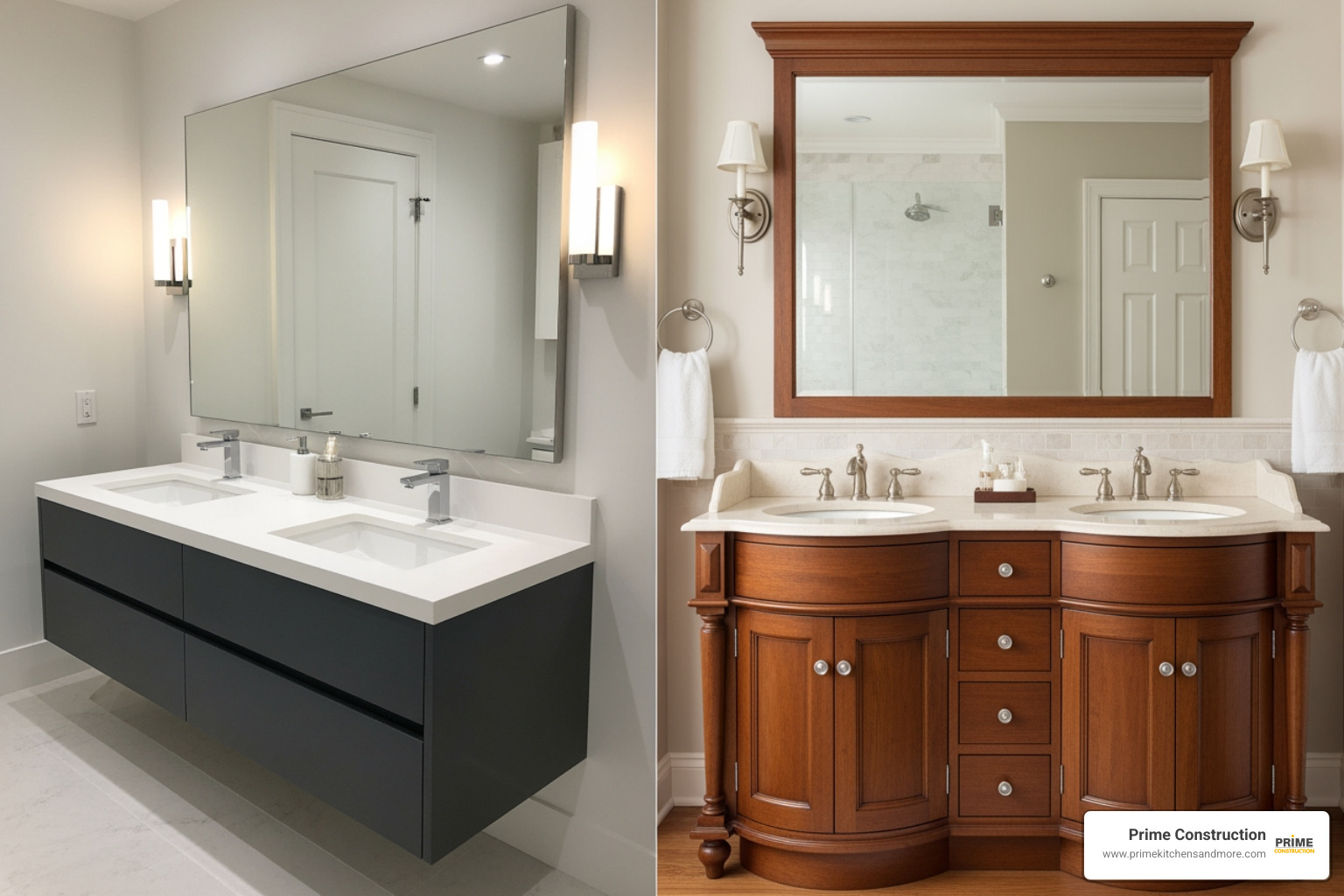 of a modern floating double vanity contrasted with a traditional freestanding one - double bathroom vanity of a modern floating double vanity contrasted with a traditional freestanding one - double bathroom vanity