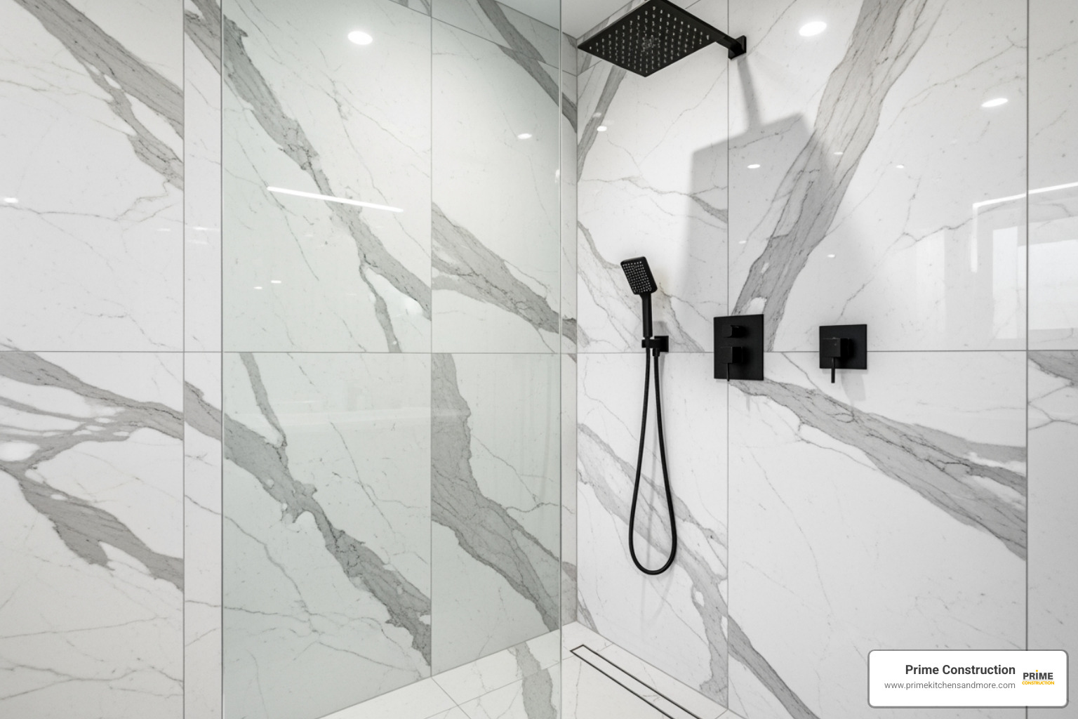 Modern shower with large-format marble tiles and matte black fixtures - modern master bathroom shower ideas Modern shower with large-format marble tiles and matte black fixtures - modern master bathroom shower ideas
