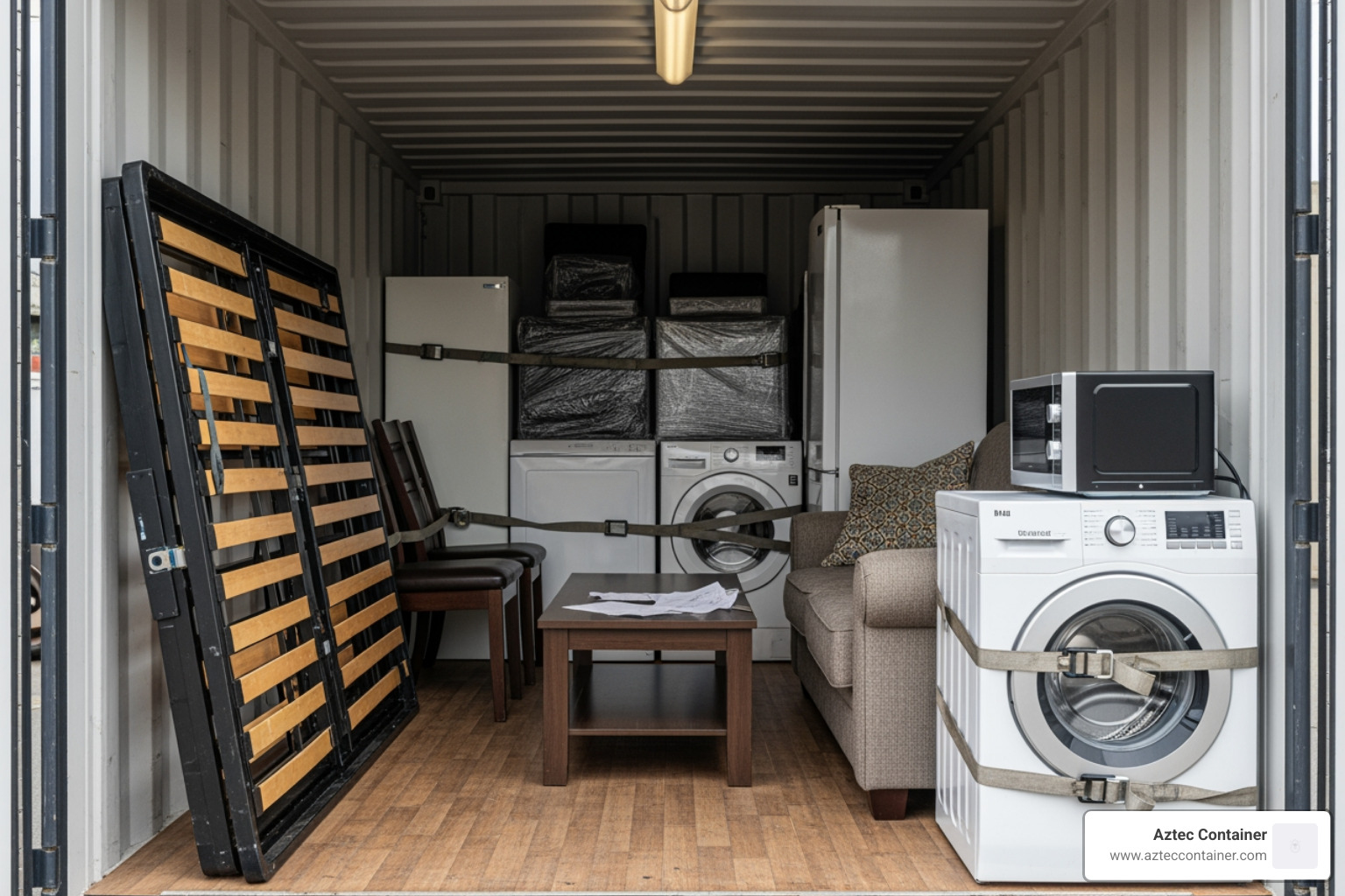 Inside of a neatly packed 20-foot container for a household move - 20 foot container capacity Inside of a neatly packed 20-foot container for a household move - 20 foot container capacity