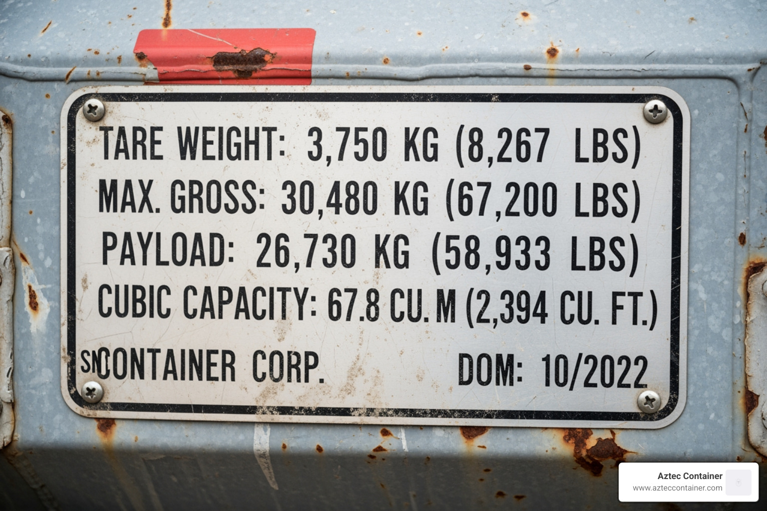 Container data plate showing weight and capacity information - 20 foot container capacity Container data plate showing weight and capacity information - 20 foot container capacity