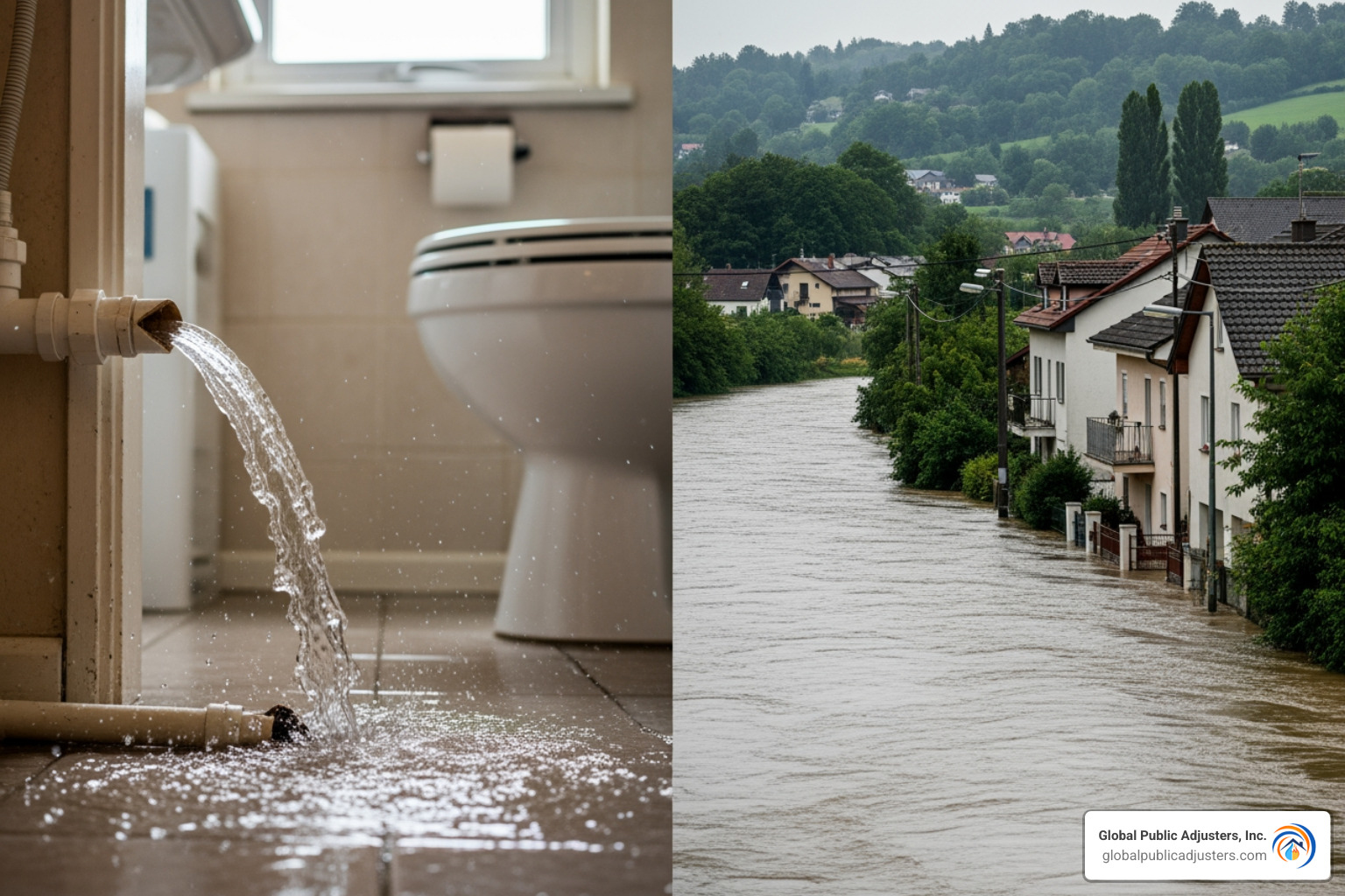 Broken pipe causing indoor water damage contrasted with an overflowing river causing a flood - Flood damage public adjuster Broken pipe causing indoor water damage contrasted with an overflowing river causing a flood - Flood damage public adjuster