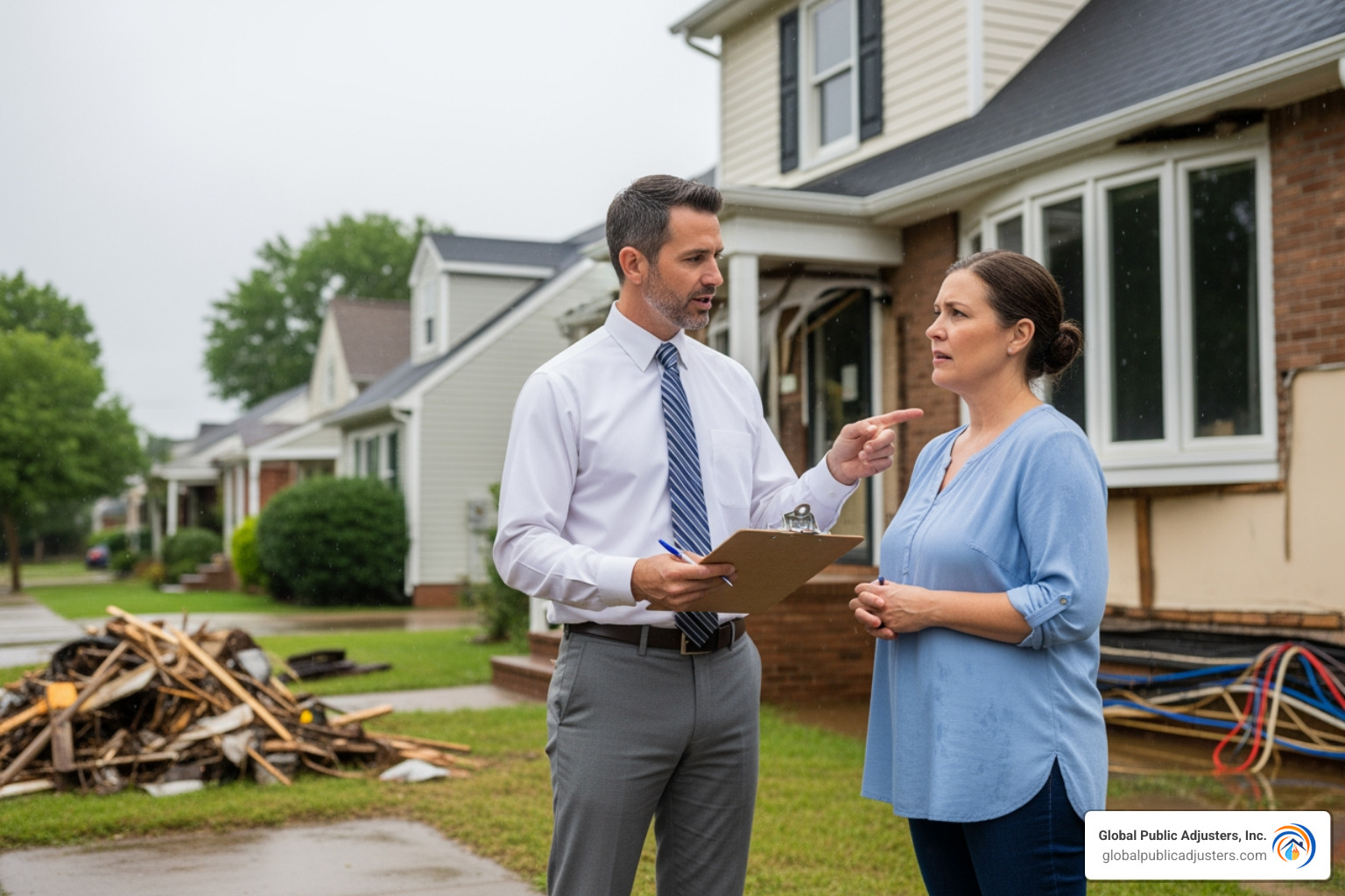Public adjuster confidently speaking with a homeowner in front of their damaged property - Flood damage public adjuster Public adjuster confidently speaking with a homeowner in front of their damaged property - Flood damage public adjuster