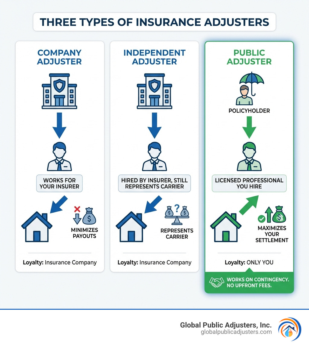 Infographic showing three types of insurance adjusters: Company Adjuster (works for your insurer, minimizes payouts), Independent Adjuster (hired by insurer, still represents carrier), and Public Adjuster (licensed professional you hire, represents only you, maximizes your settlement). Public adjusters work on contingency with no upfront fees. - Flood damage public adjuster infographic Infographic showing three types of insurance adjusters: Company Adjuster (works for your insurer, minimizes payouts), Independent Adjuster (hired by insurer, still represents carrier), and Public Adjuster (licensed professional you hire, represents only you, maximizes your settlement). Public adjusters work on contingency with no upfront fees. - Flood damage public adjuster infographic