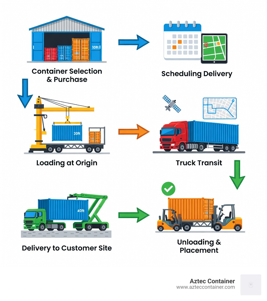 Infographic showing the container transport process: container selection and purchase, scheduling delivery with transport provider, container loaded onto specialized trailer at origin, truck transit with GPS tracking, delivery to customer site using flatbed or side lifter, unloading and placement at final location - Container transport services infographic Infographic showing the container transport process: container selection and purchase, scheduling delivery with transport provider, container loaded onto specialized trailer at origin, truck transit with GPS tracking, delivery to customer site using flatbed or side lifter, unloading and placement at final location - Container transport services infographic